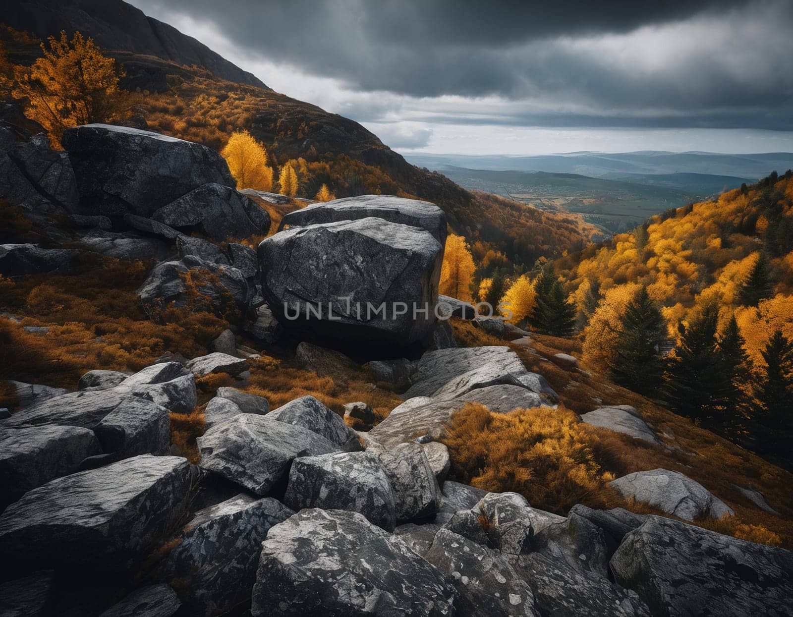 Beautiful cinematic mountain landscape with black marble and granite. High quality illustration