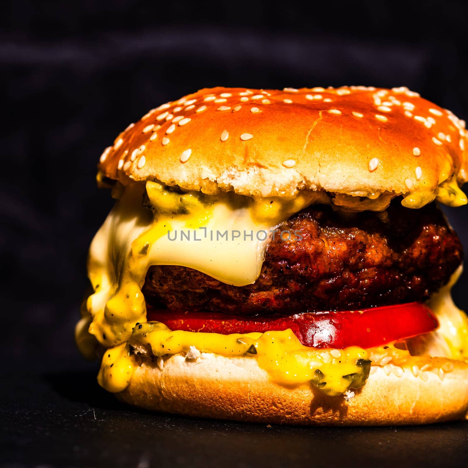 Tasty home made cheeseburger. Cheese burger with pickles, tomatoes, onion, melting cheese by vladispas