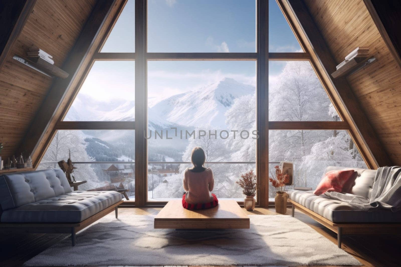 Traveler enjoying weekends inside contemporary house in mountains. comeliness by biancoblue