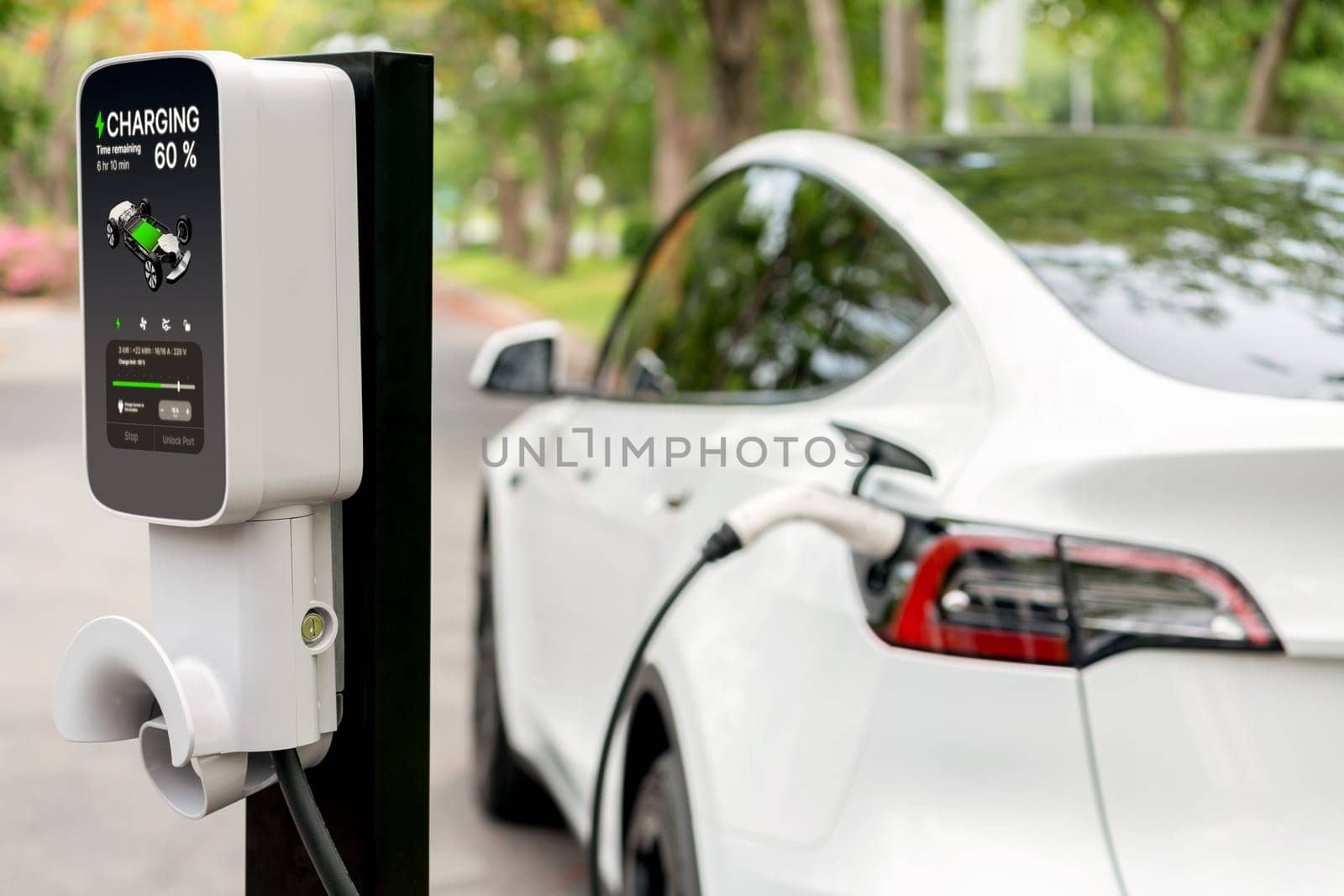 EV electric vehicle recharging battery from EV charging station in national park or outdoor forest scenic. Natural protection with eco friendly EV car travel in the summer woods. Exalt