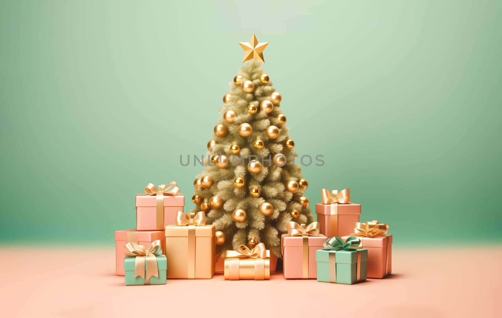 Festive Postcard New Year. Green Christmas Tree, Pine with Golden Toys, Decorations And Gift Boxes, Presents on Green, Pink Background. Minimalism, Template. AI Generated. Horizontal by netatsi