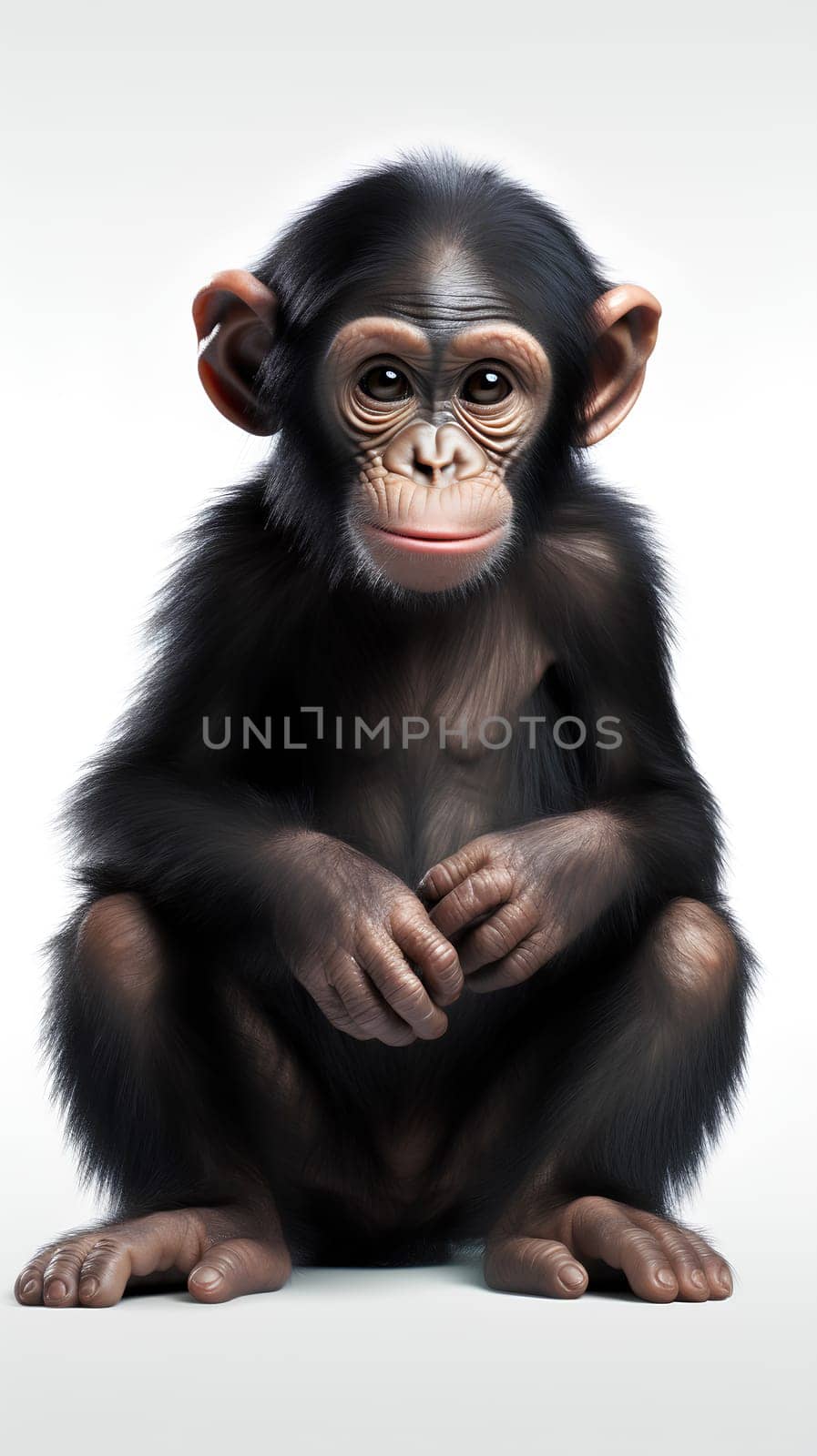 Cute chimpanzee sitting isolated on white background - generative AI