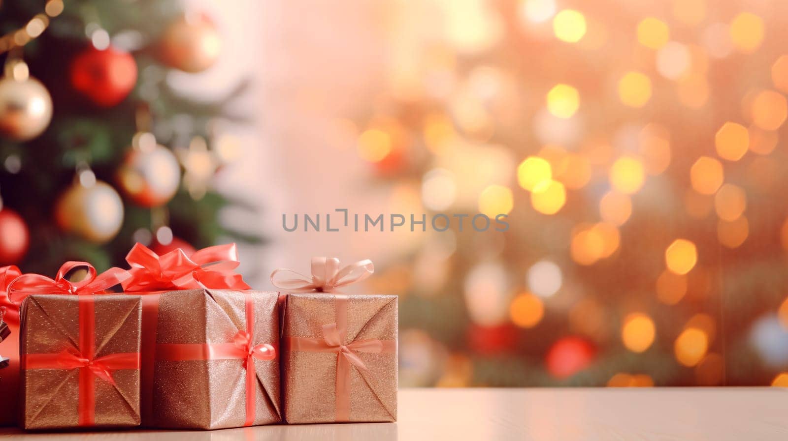 gift boxes in front of a christmas tree - shallow depth of field - AI Generative