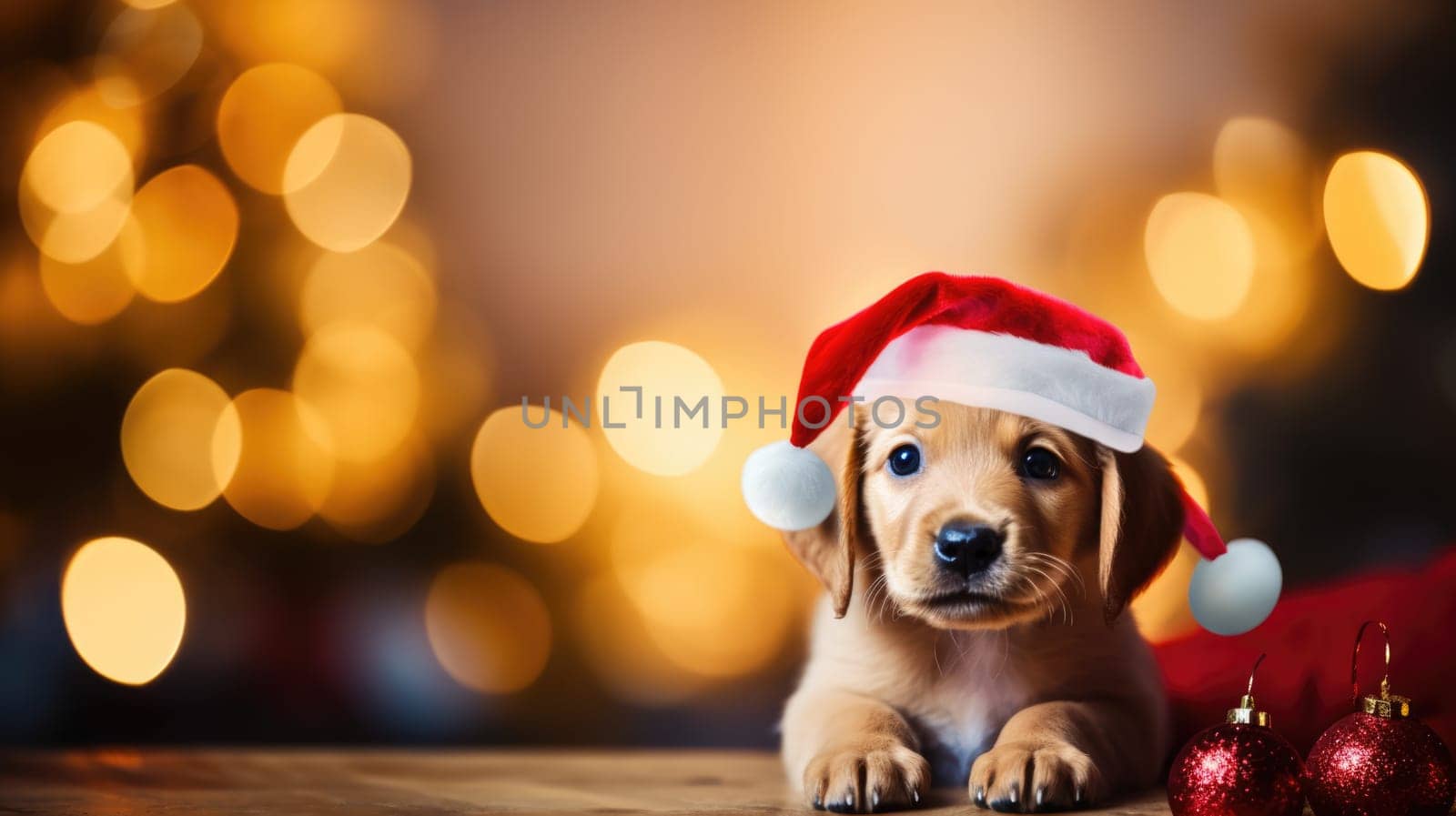 Adorable dog wearing Santa hats at room decorated for Christmas comeliness