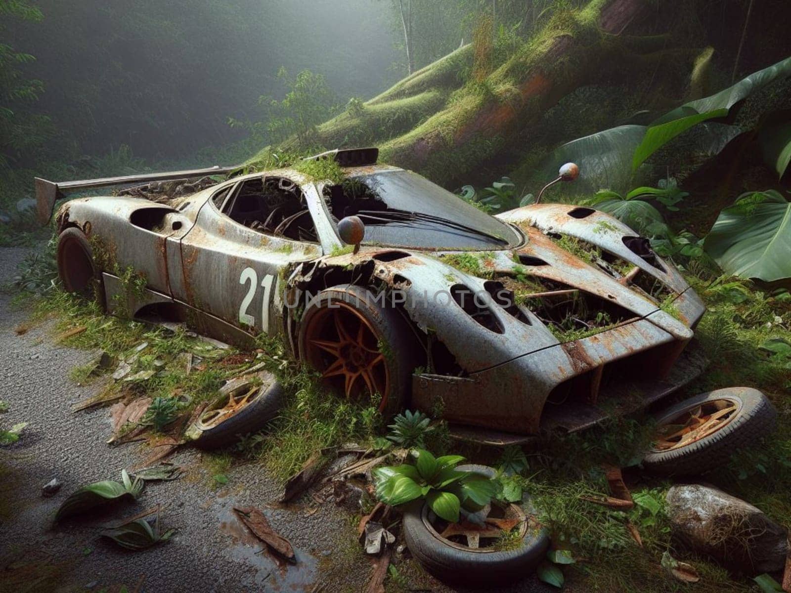 Abandoned rusty expensive atmospheric super car as circulation banned for co2 emission 2030 agenda , severe damage, broken parts, plants overgrowth bloom flowers. ai generated