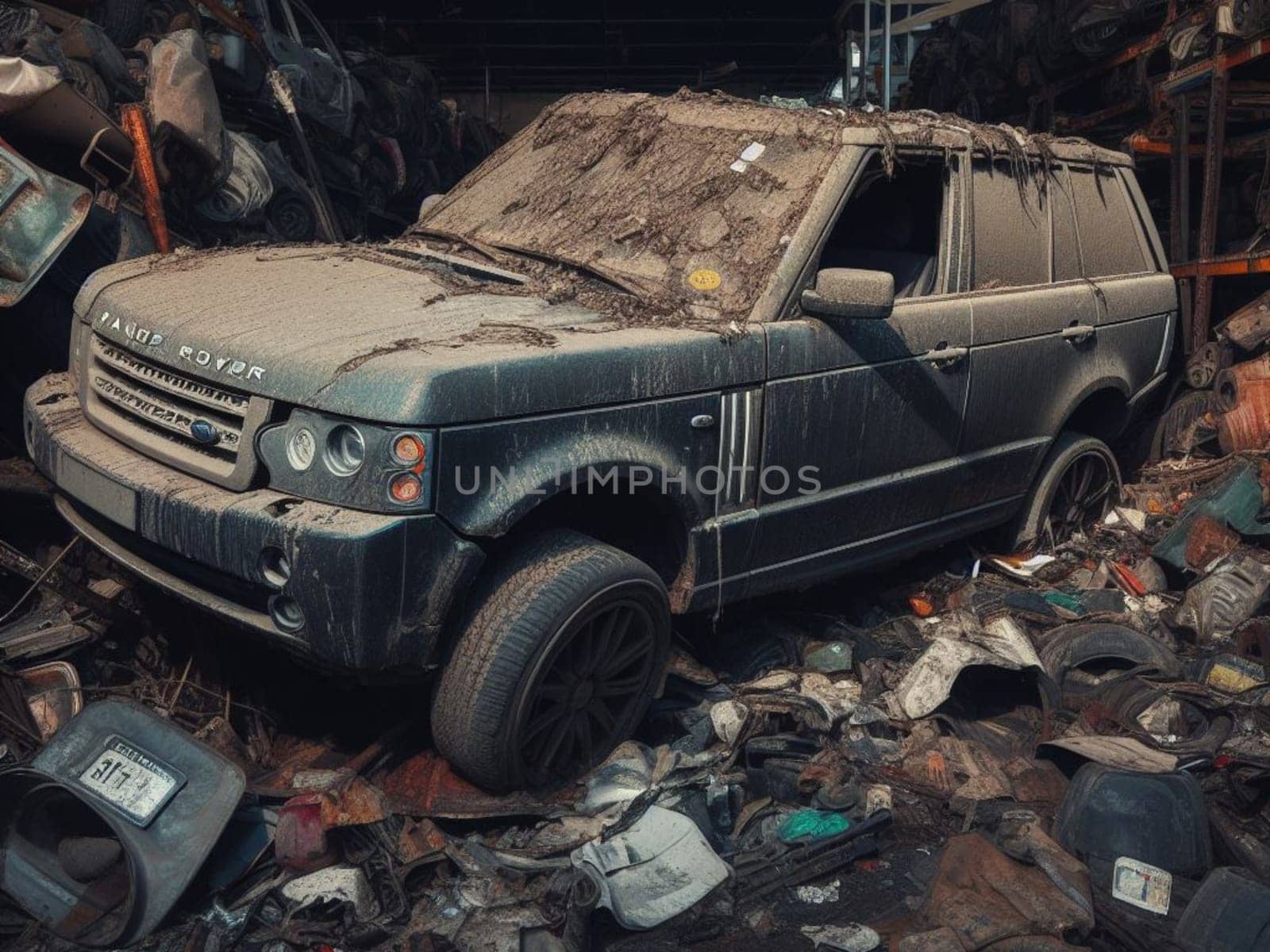 Crashed abandoned rusty expensive atmospheric suv as circulation banned for co2 emission 2030 agenda by verbano