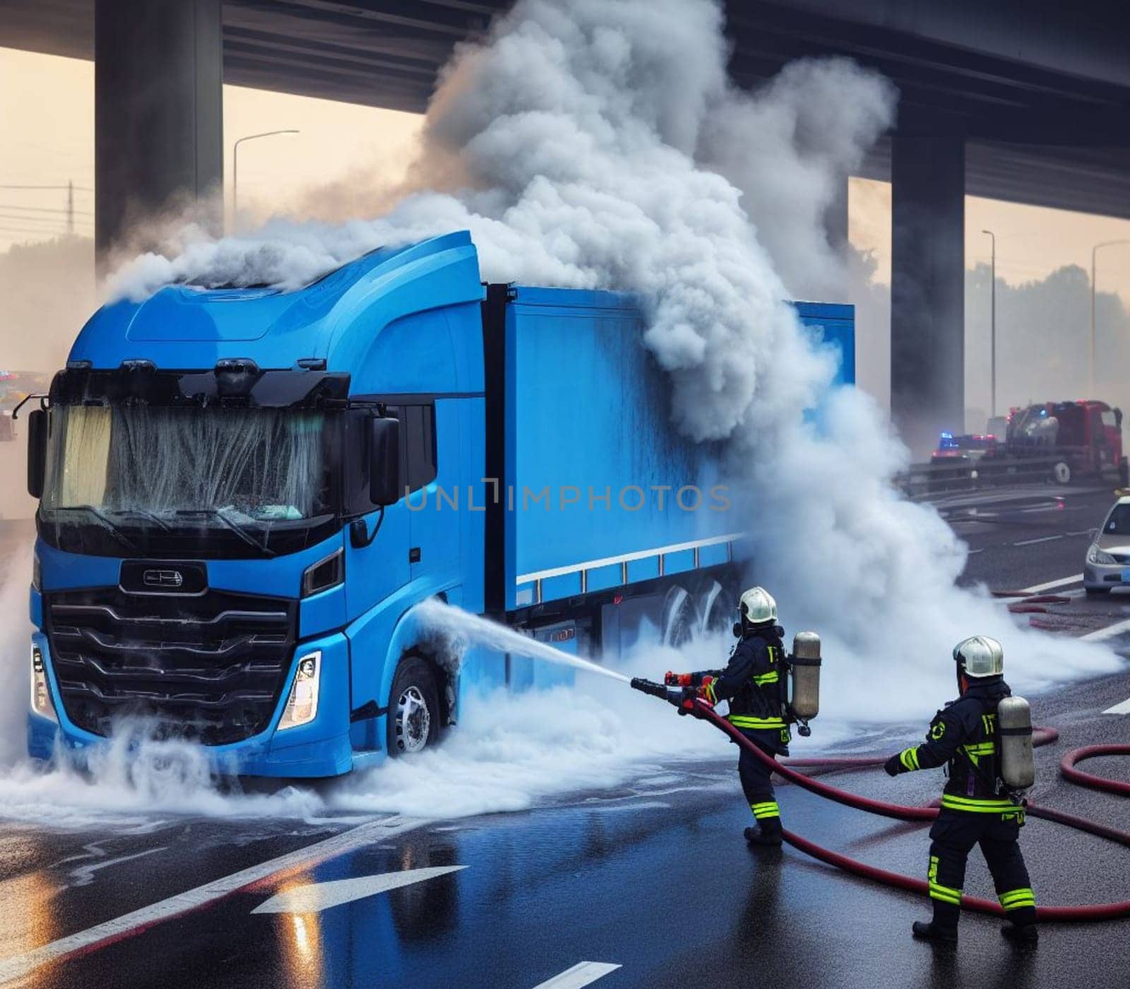 electric hybrid cargo courier semi truck burning, firefighter apply foam extinguish flames big smoke by verbano