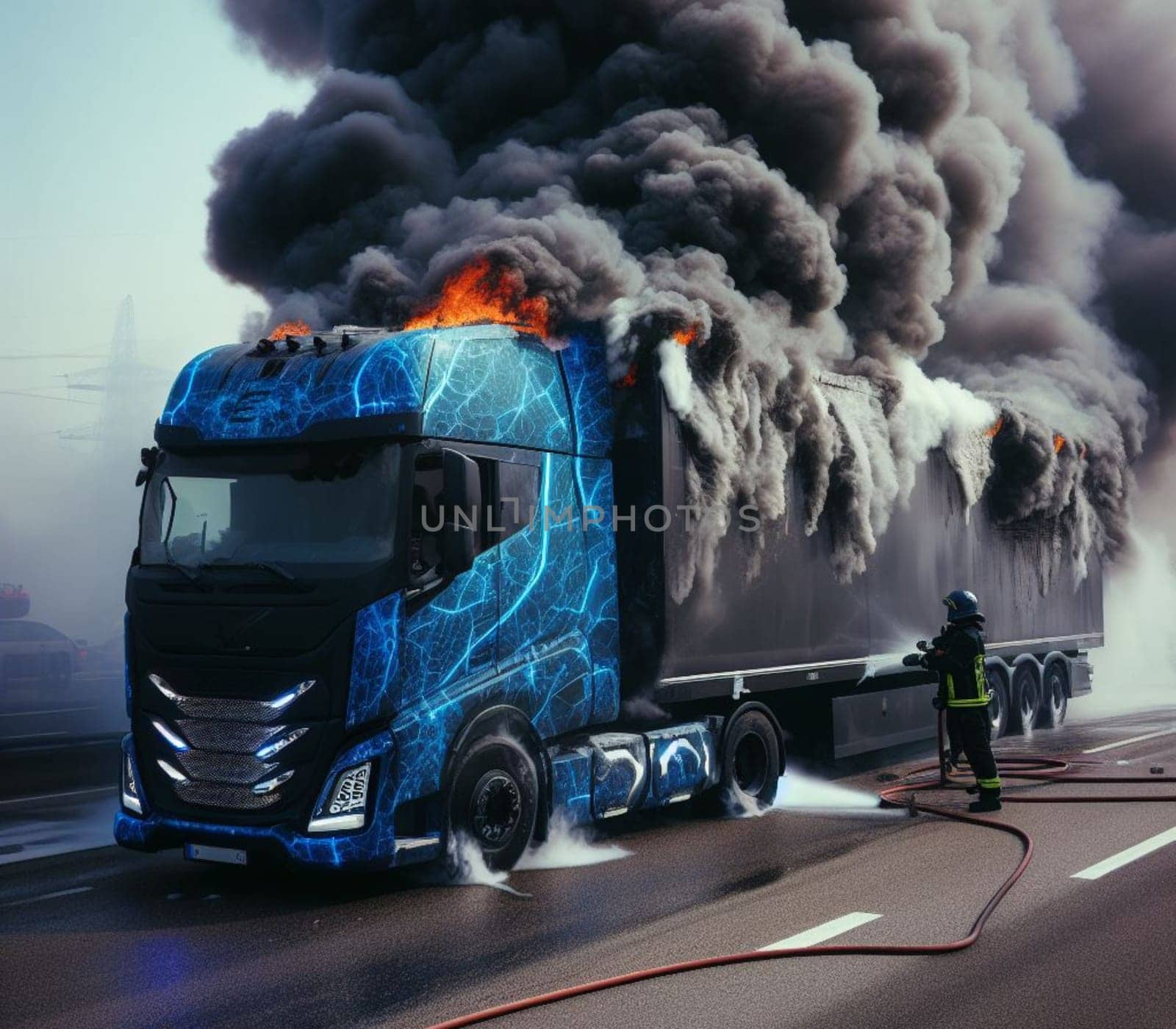 electric hybrid cargo courier semi truck burning, firefighter apply foam extinguish flames big smoke by verbano
