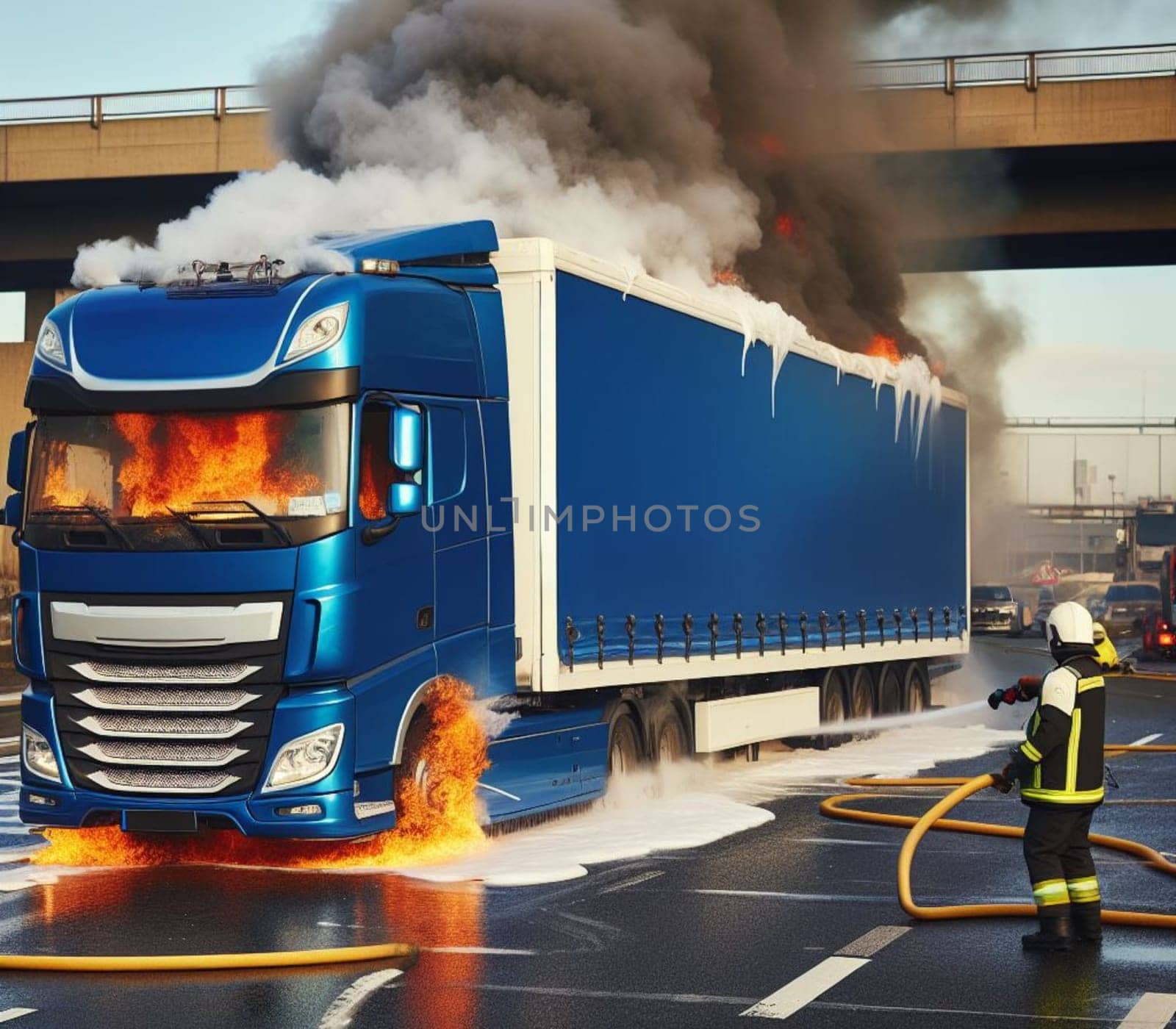 electric hybrid cargo courier semi truck burning, firefighter apply foam extinguish flames big smoke by verbano