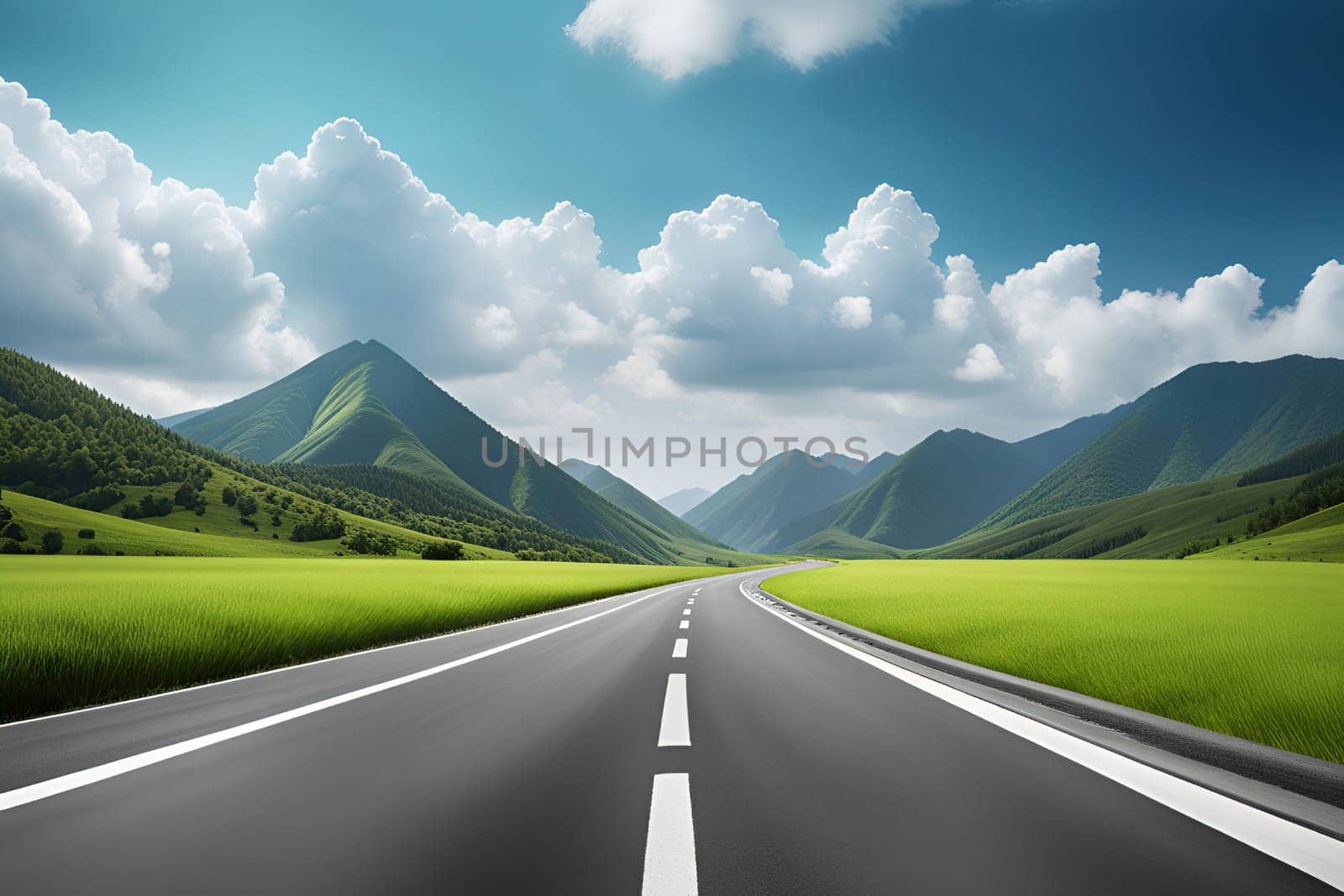 Asphalt road in green meadow and blue sky with white clouds