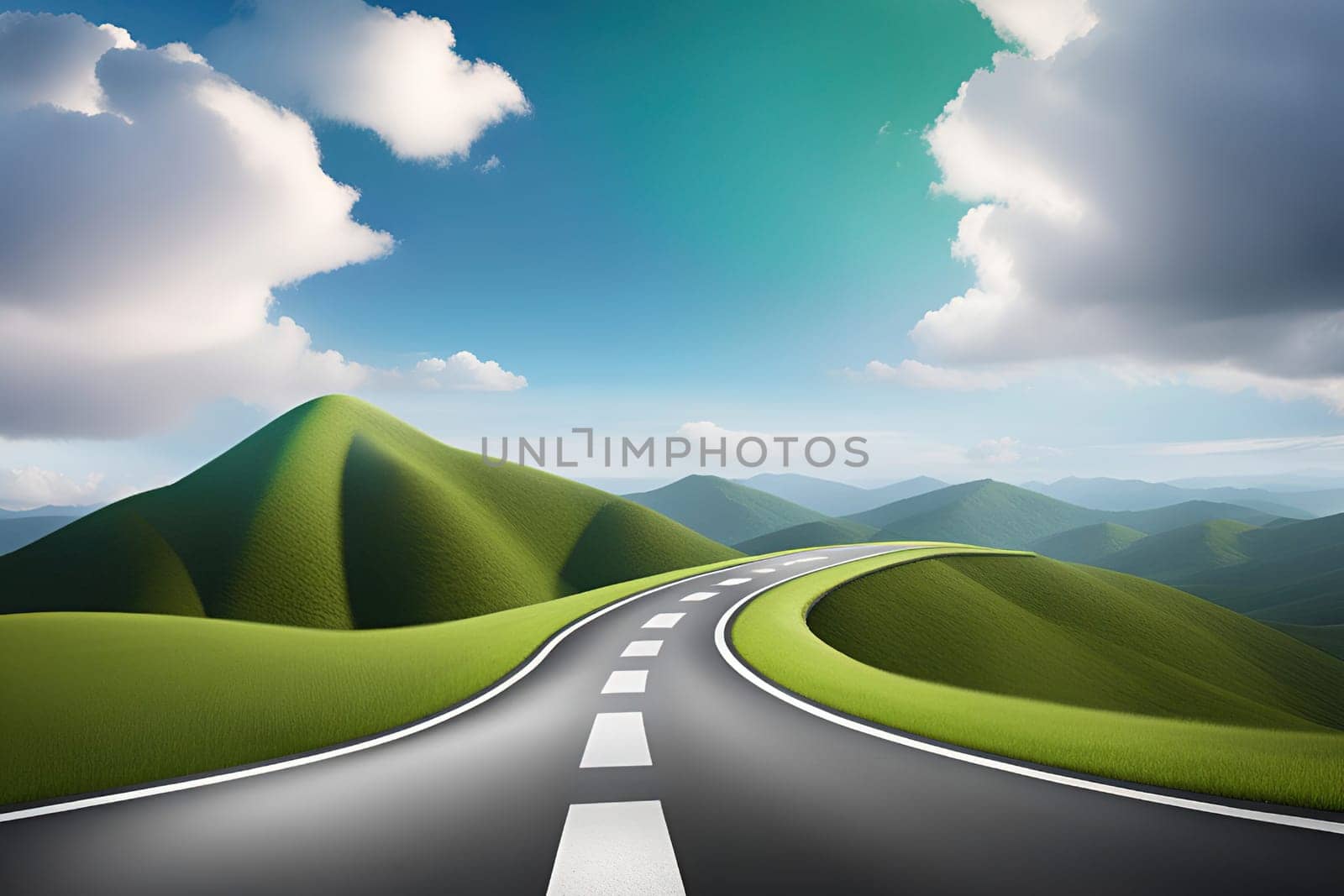 Asphalt road in green meadow and blue sky with white clouds by yilmazsavaskandag