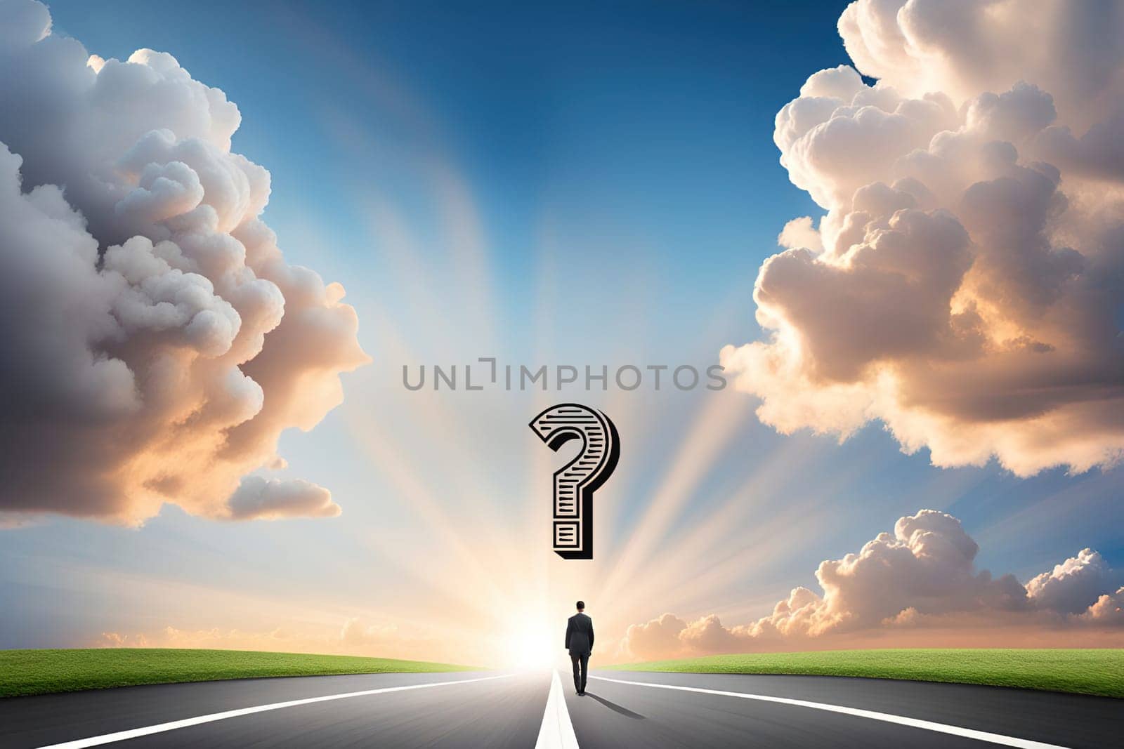 Conceptual image of businessman looking at question mark against road leading out to the horizon.