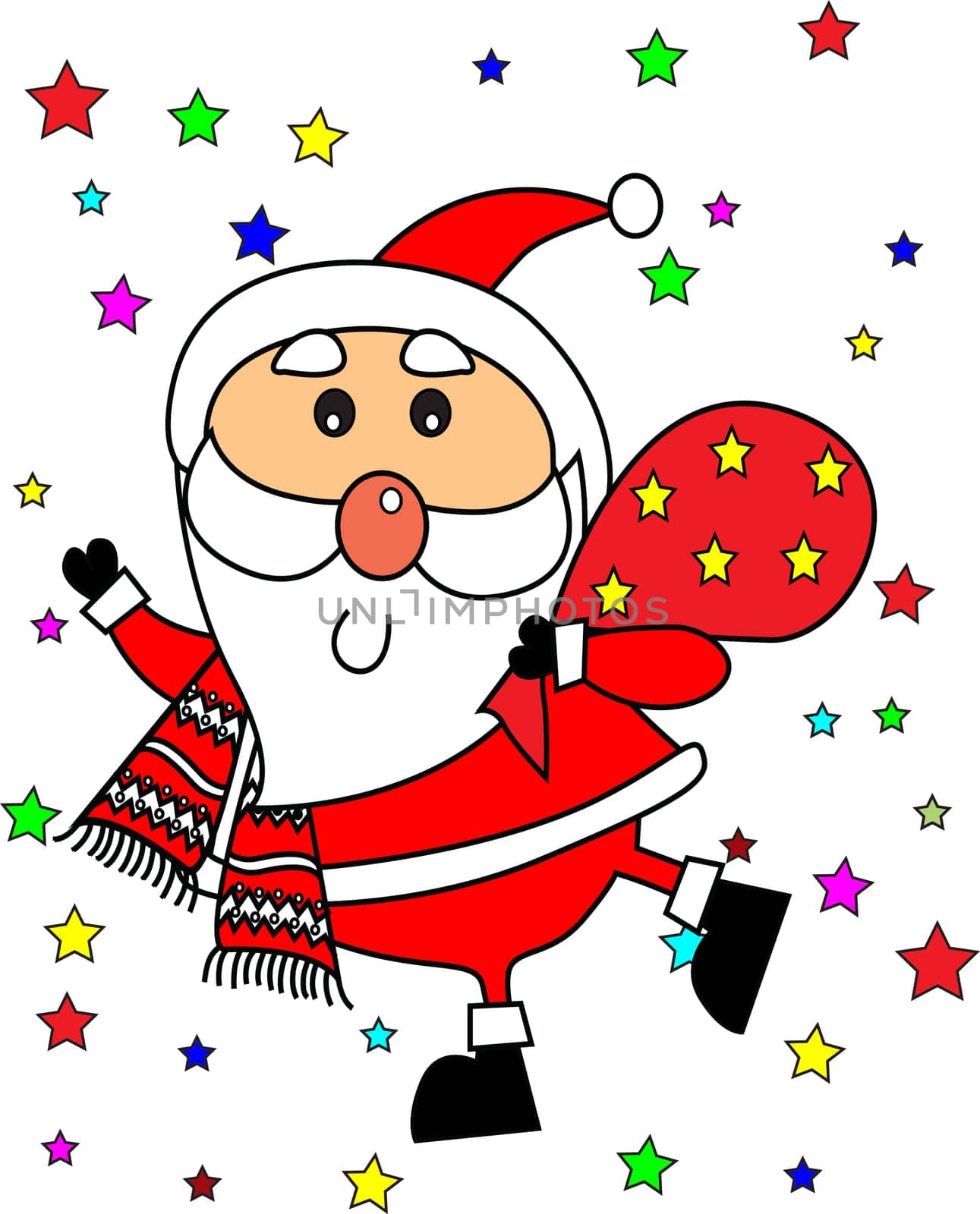 Santa Claus with a bag of presents surrounded with stars and other ornaments.