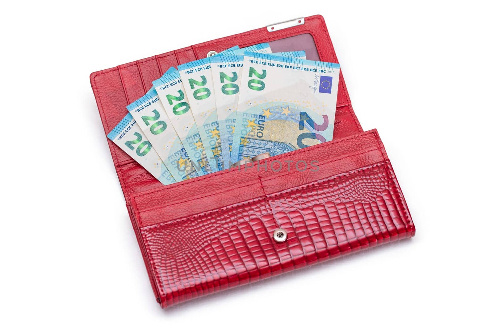 Opened Red Women Purse with 20 Euro Banknotes Inside - Isolated on White Background. A Wallet Full of Money Symbolizing Wealth, Success, Shopping and Social Status - Isolation