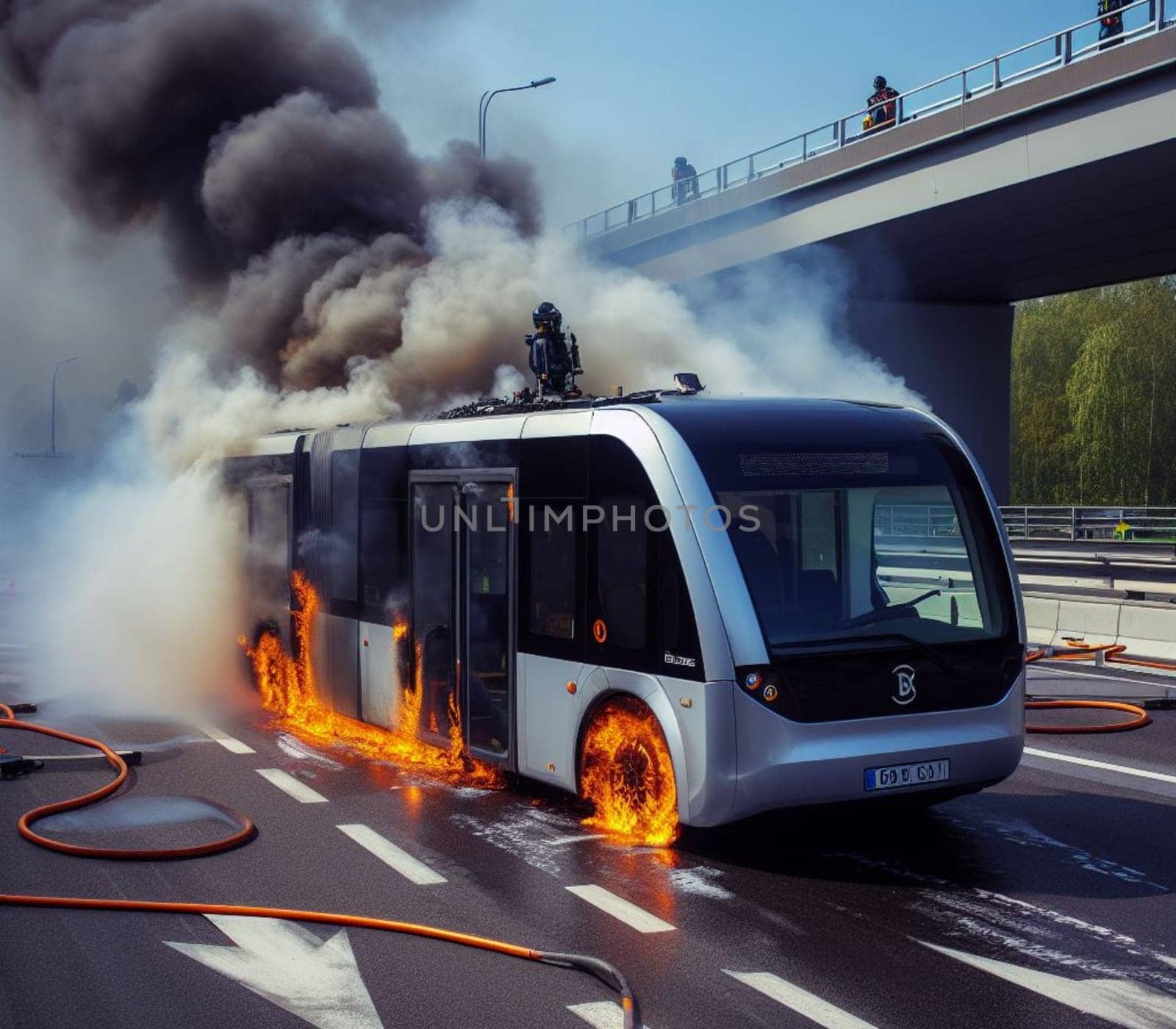 electric hybrid city bus burn bottom chasis, firefighter apply foam to extinguish flames big smoke by verbano