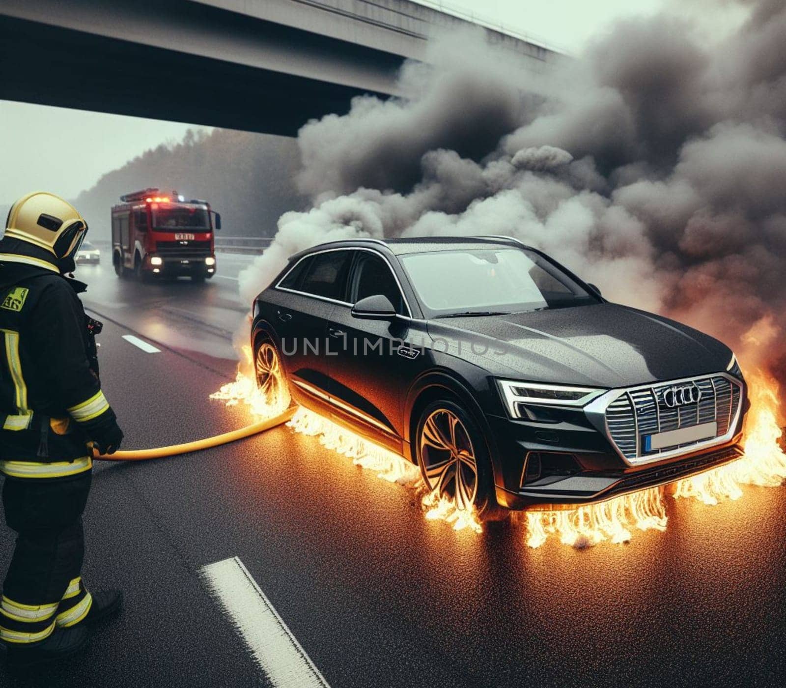 electric hybrid car suv burn bottom chasis, firefighter apply foam to extinguish flames big smoke ai generated