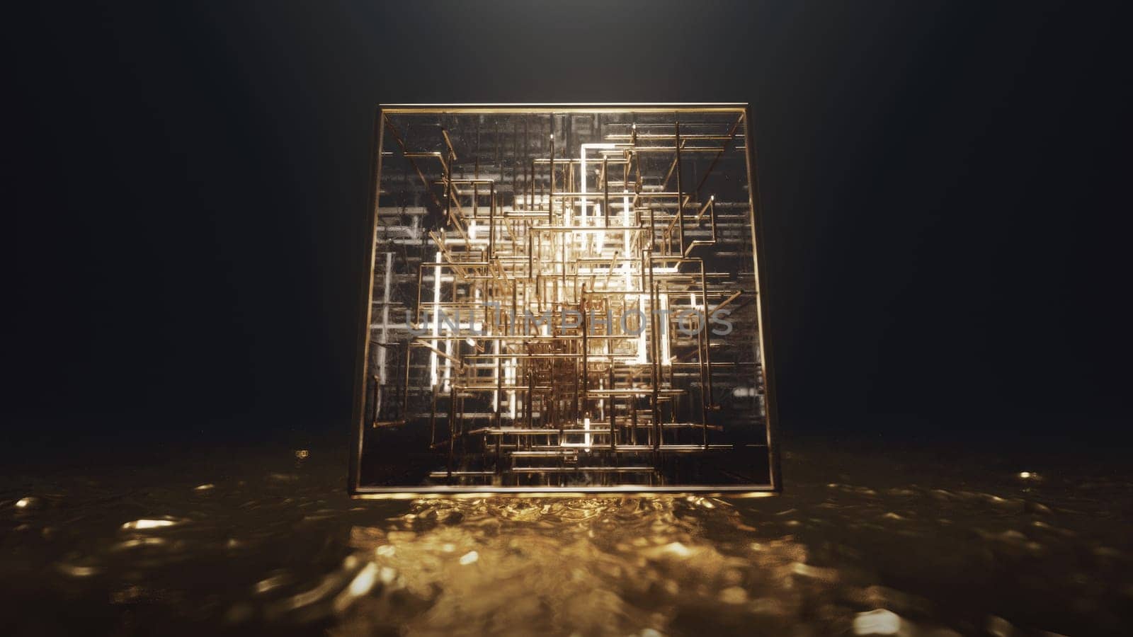3d render Floating cube on golden water with neon lines inside in the form of a labyrinth by studiodav