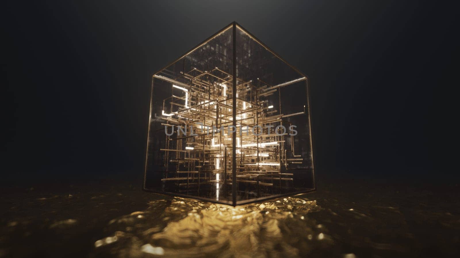 3d render Floating cube on golden water with neon lines inside in the form of a labyrinth by studiodav