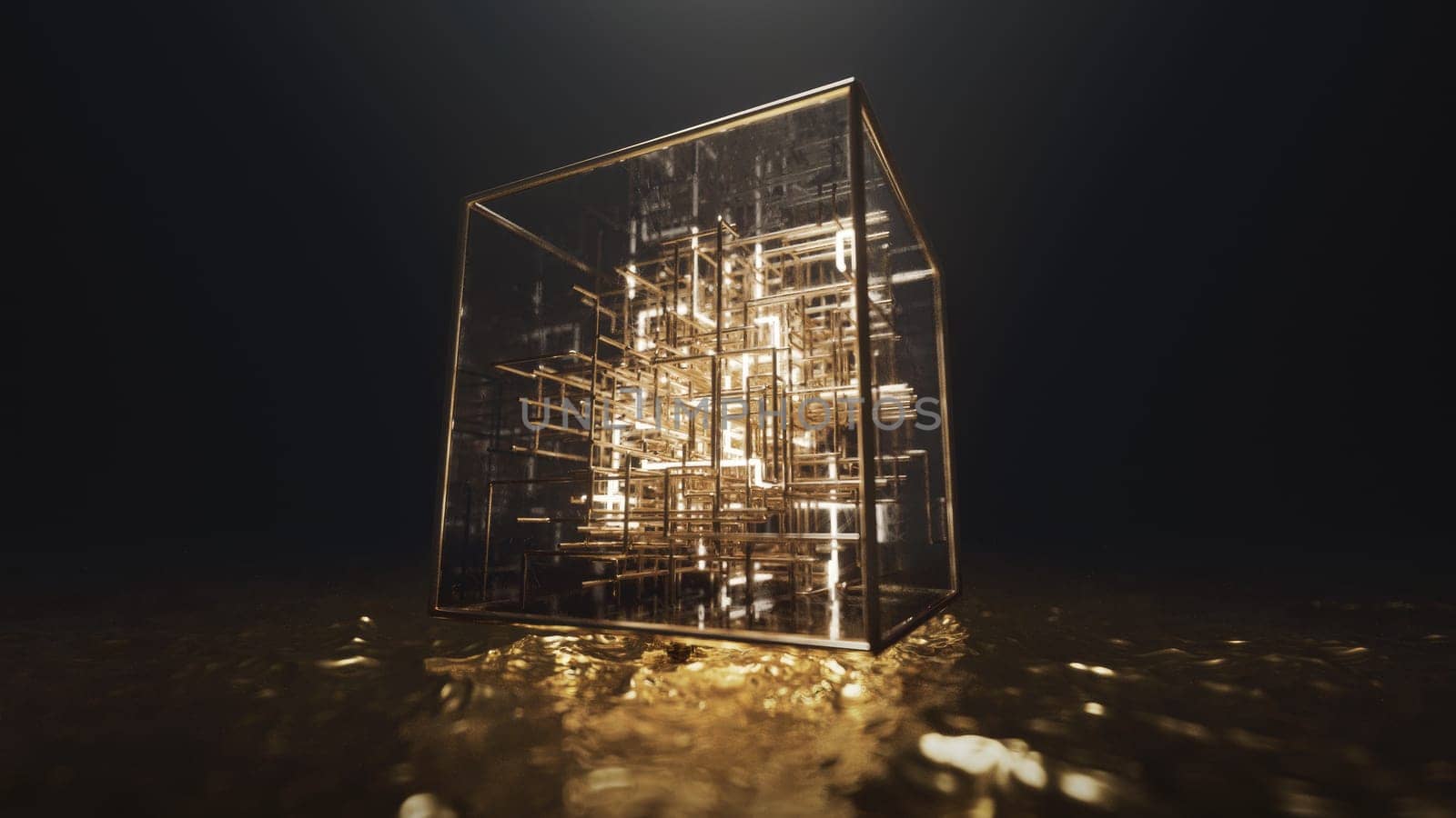 3d render Floating cube on golden water with neon lines inside in the form of a labyrinth by studiodav