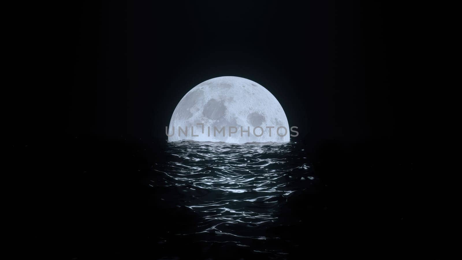 3d render Full moon at night on floats in black water in 4k