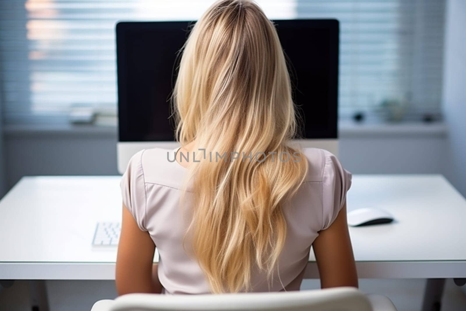 Business woman in light clothes typing on a laptop at the workplace. Woman working on a keyboard in the office. Generated by artificial intelligence by Vovmar