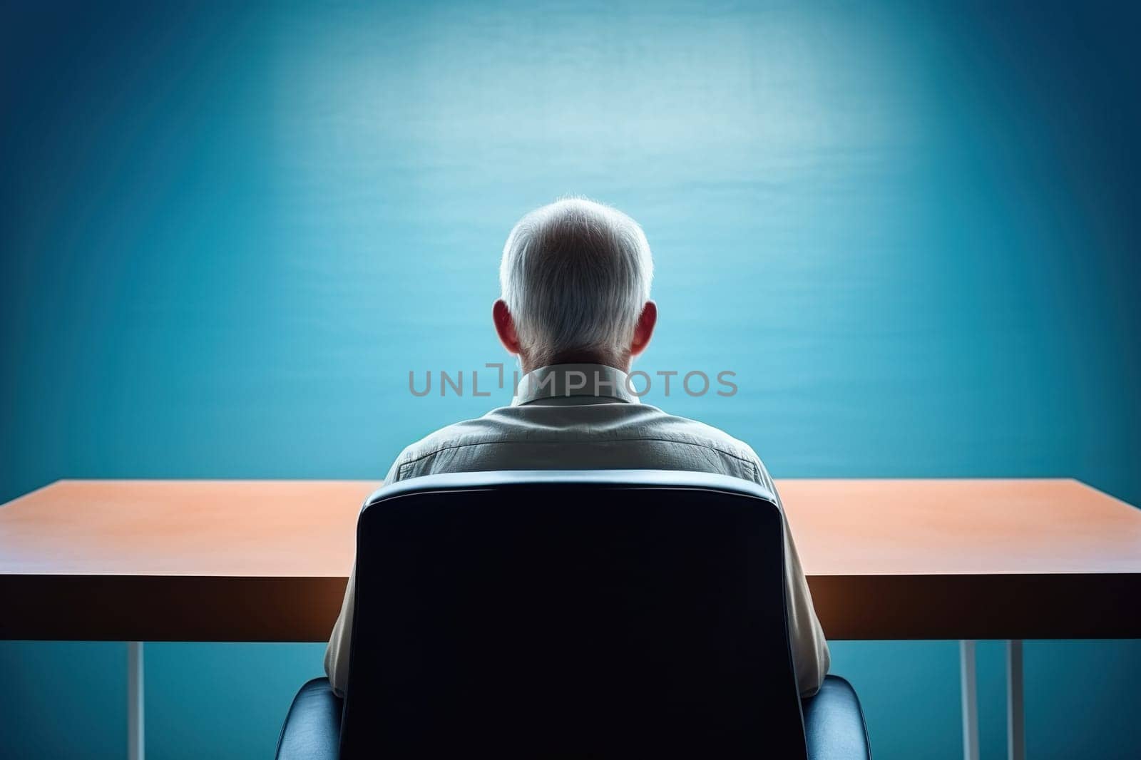 Rear view of senior man sitting at the table in front of the blue sky. Lonely old man. Generative AI by Vovmar