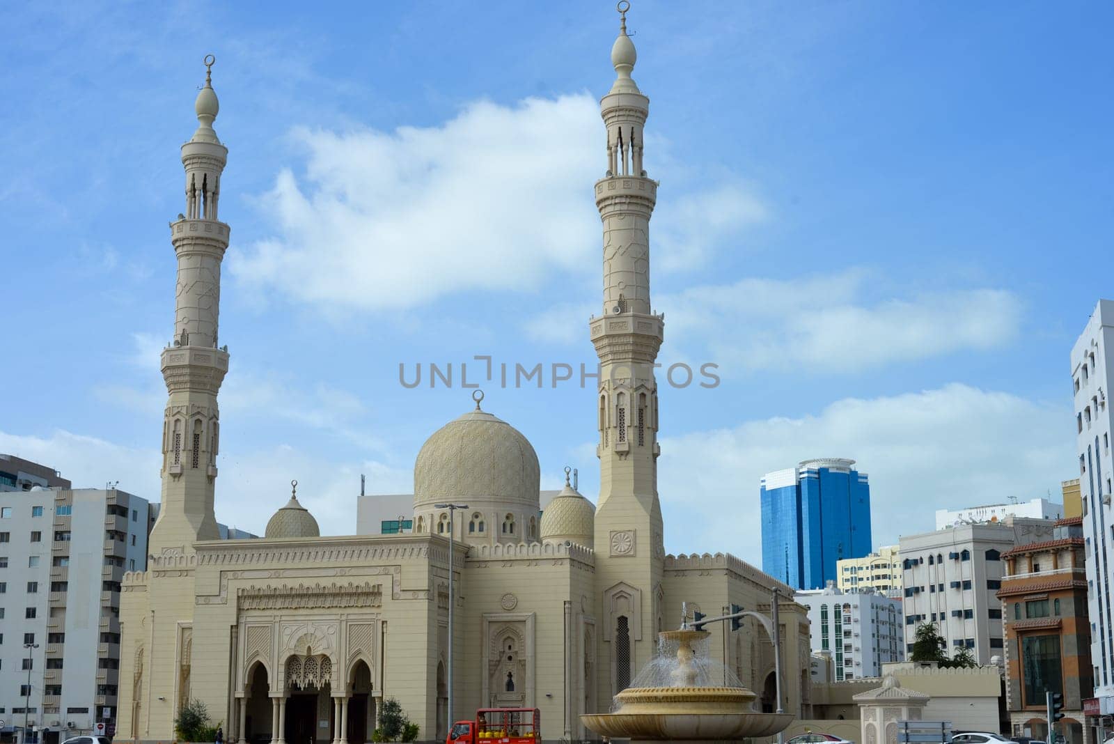 Sharjah, UAE, February 14, 2023 - Beautiful landscape mosque, a mosque of Islamic origin.