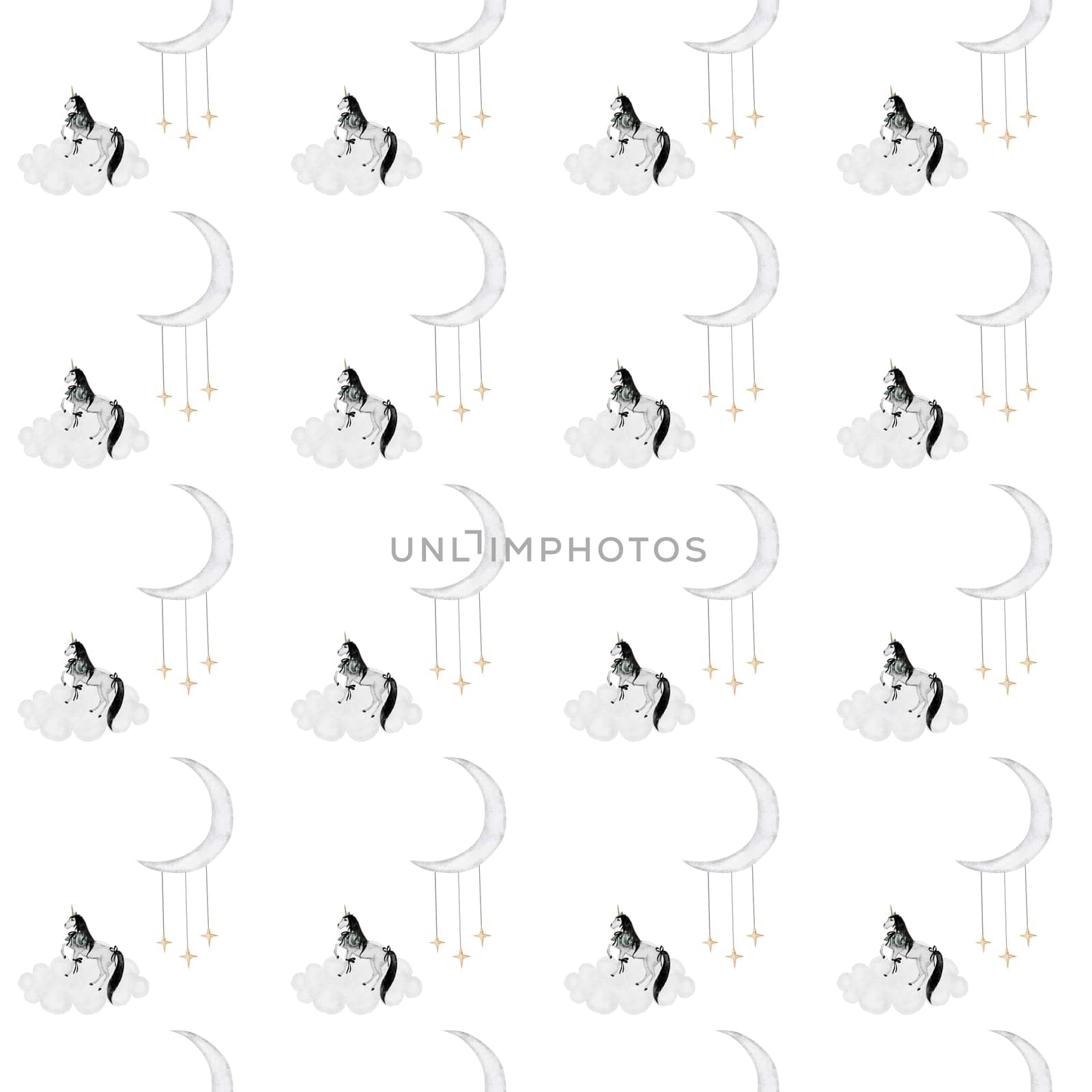 Watercolor pattern vintage unicorn, moon and clouds. Cute print for printing on children's textiles and wallpaper