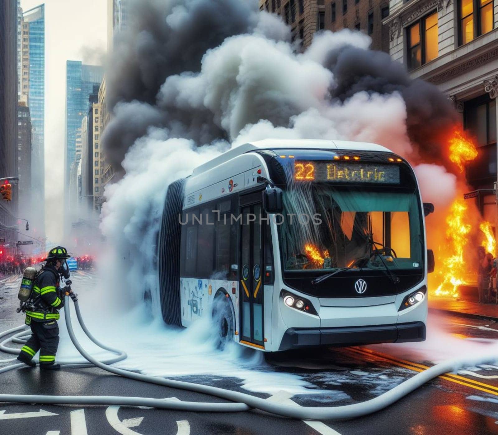 electric hybrid city bus burn bottom chasis, firefighter apply foam to extinguish flames big smoke ai generated