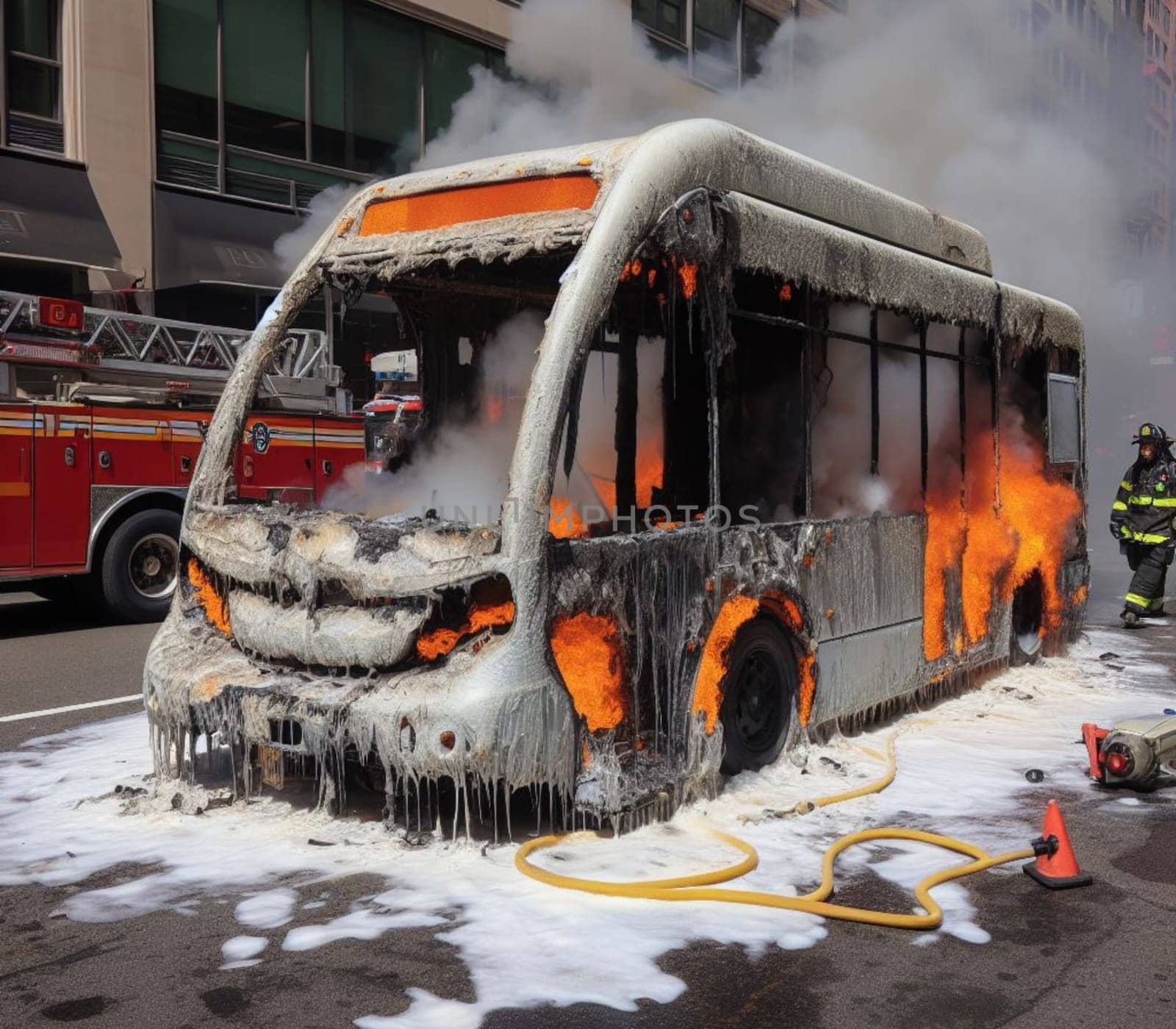 electric hybrid city bus burn bottom chasis, firefighter apply foam to extinguish flames big smoke ai generated