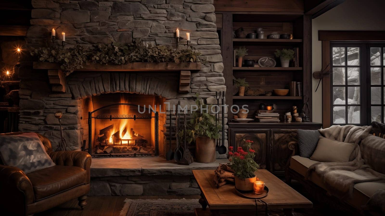 Cozy relaxation by the fireplace in a homely environment,ai generative by AnatoliiFoto