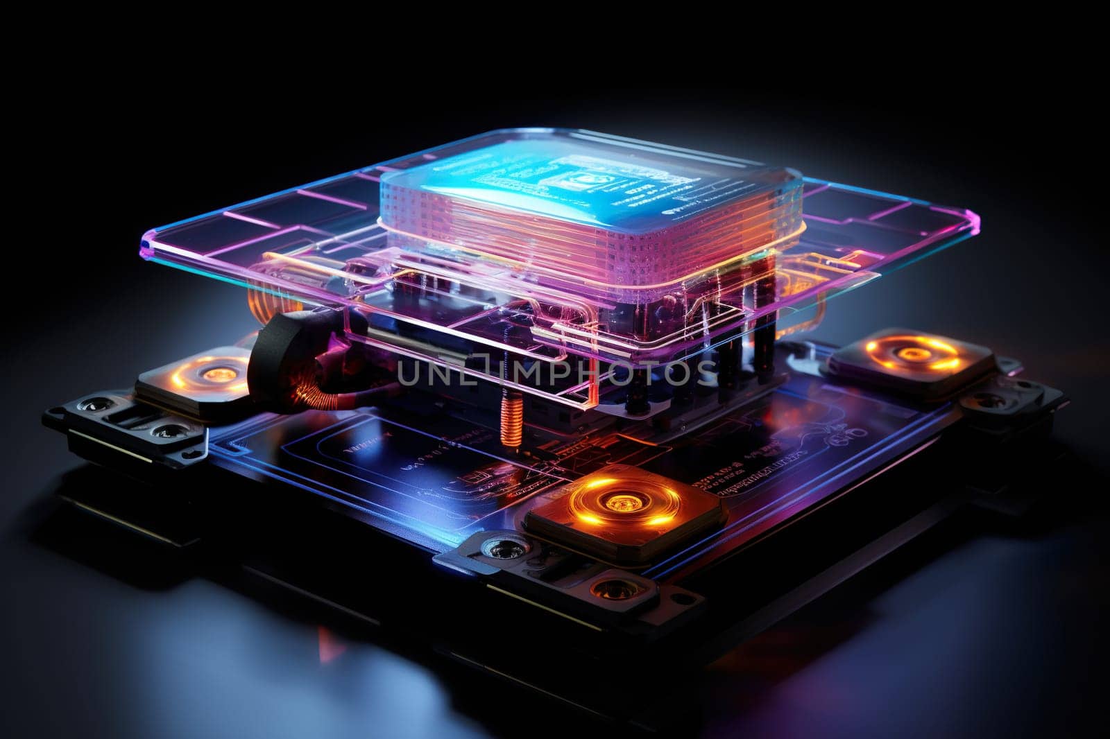 Microcircuit with neon glow on a dark background. High technology concept.