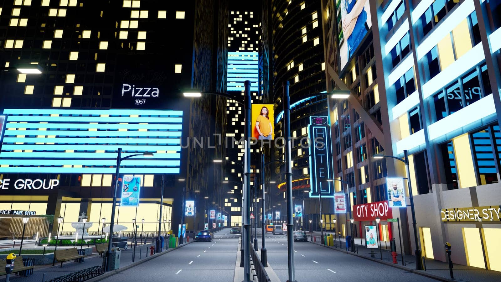 Downtown city center at night with vehicles driving past skyscrapers. Empty metropolitan town with streets illuminated by neon outdoor ads and lamp posts, 3d render animation
