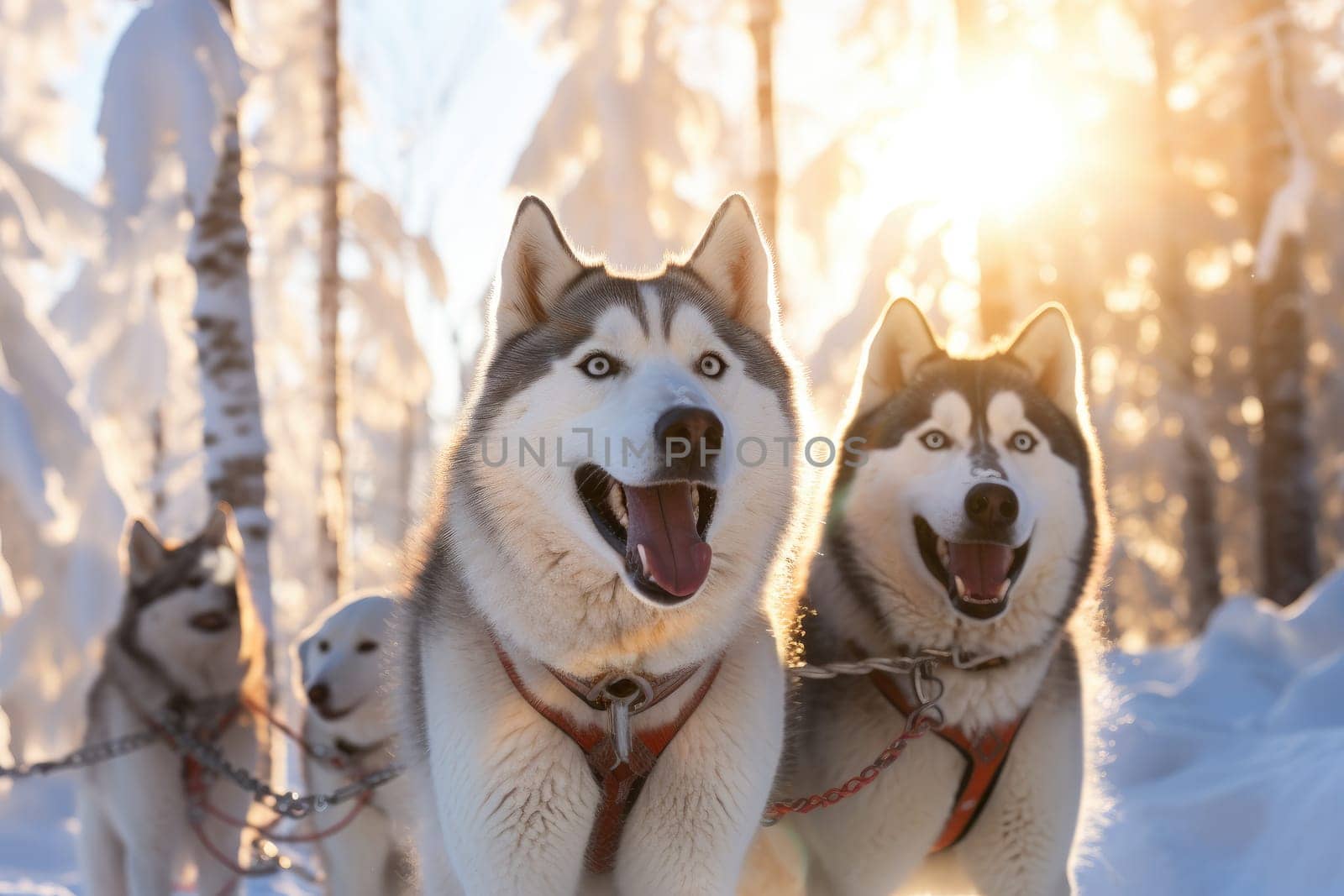 A group of excited huskies ride a sleigh through a stunning snow-covered forest, offering an exhilarating adventure for lovers of winter beauty and nature.