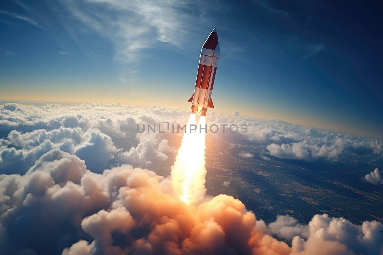 Illustration of a futuristic rocket launching into space, symbolizing advanced space travel and exploration of the cosmos with a backdrop of stars and the universe.