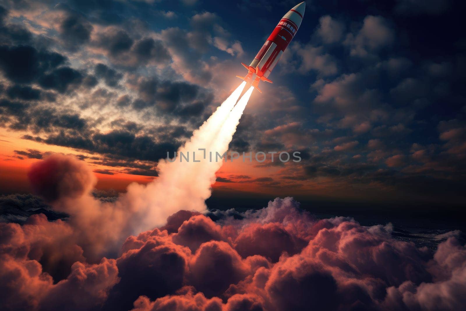 A stunning photo capturing a rocket launch with a satellite against the backdrop of the night sky, showcasing the thrilling concept of space exploration and mission.