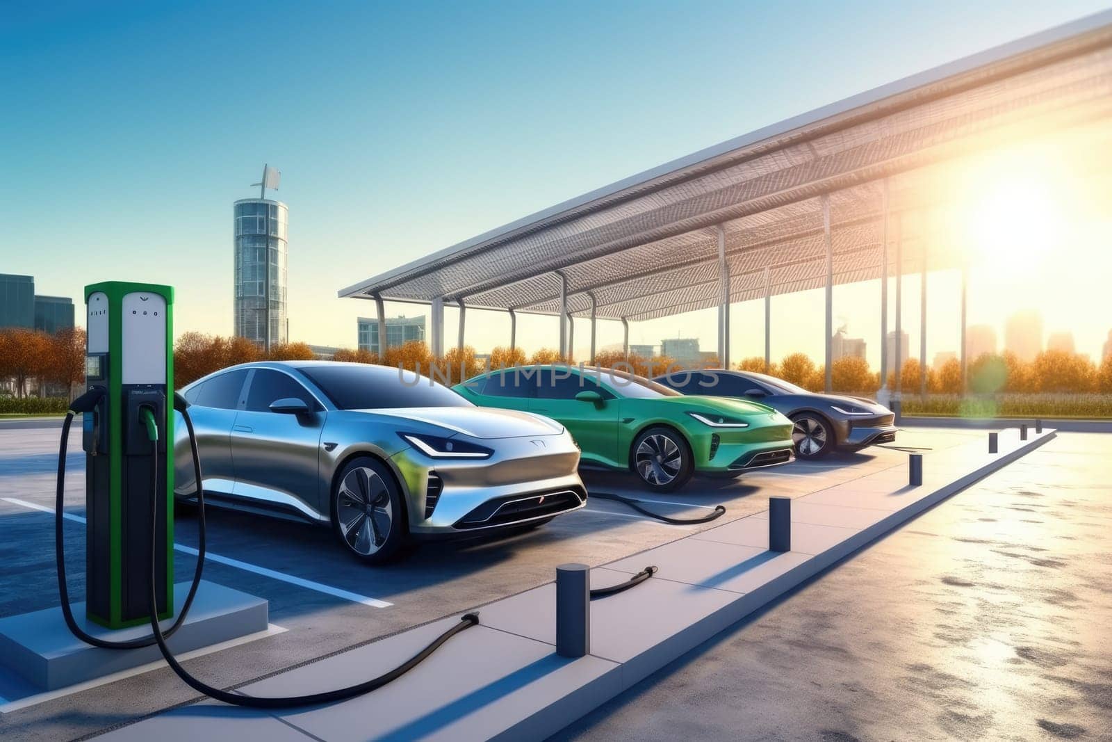 A variety of electric cars from different manufacturers being charged at a modern facility with solar panels, promoting sustainable energy and eco-friendly transportation