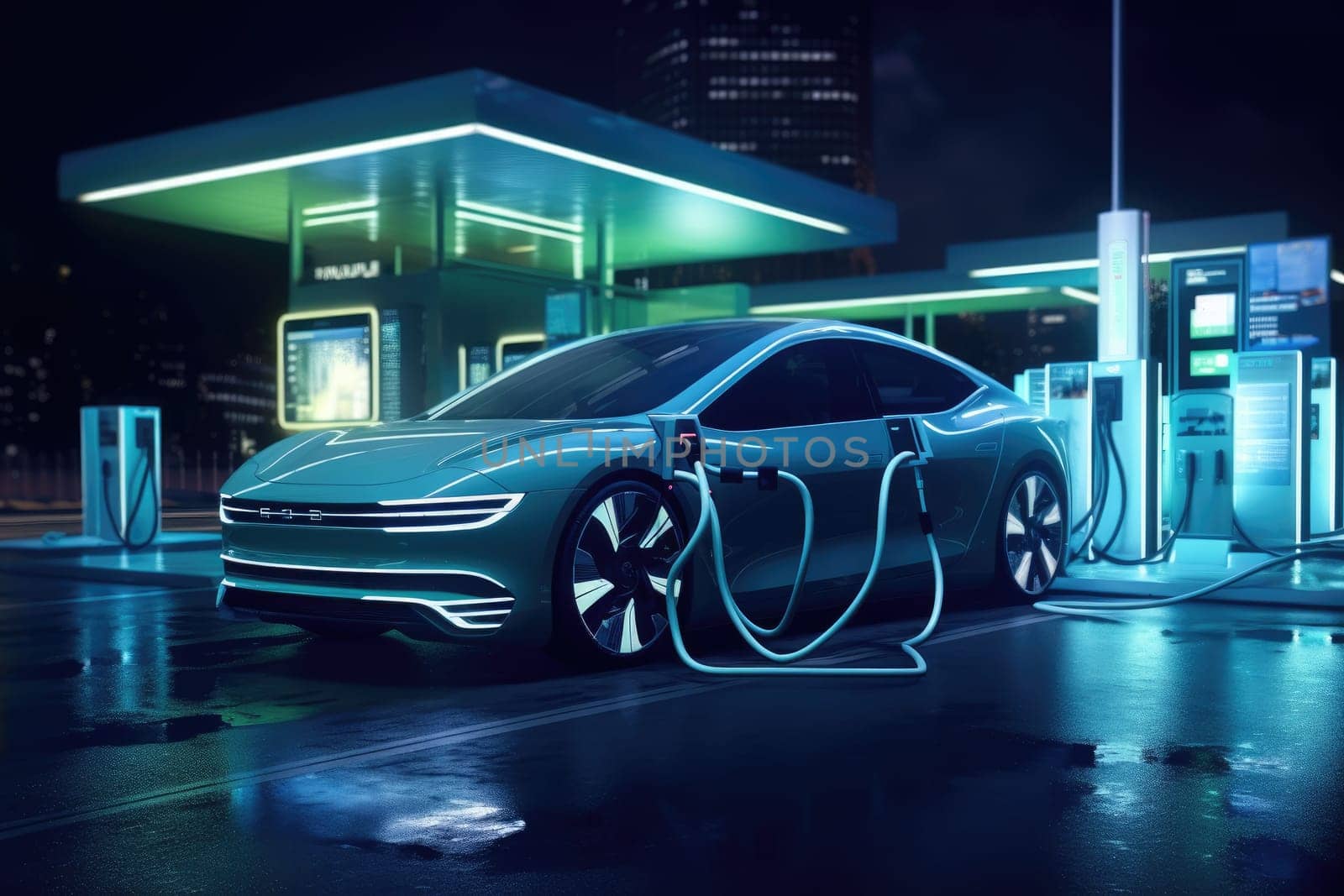 A vibrant and captivating nighttime scene featuring electric cars charging, displaying the 24/7 availability of sustainable power and highlighting the use of green energy in urban environments.