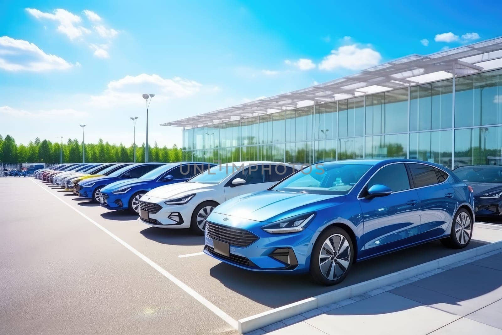 A diverse collection of electric cars parked in a large parking area, showcasing the trend toward sustainable and eco-friendly transportation options.