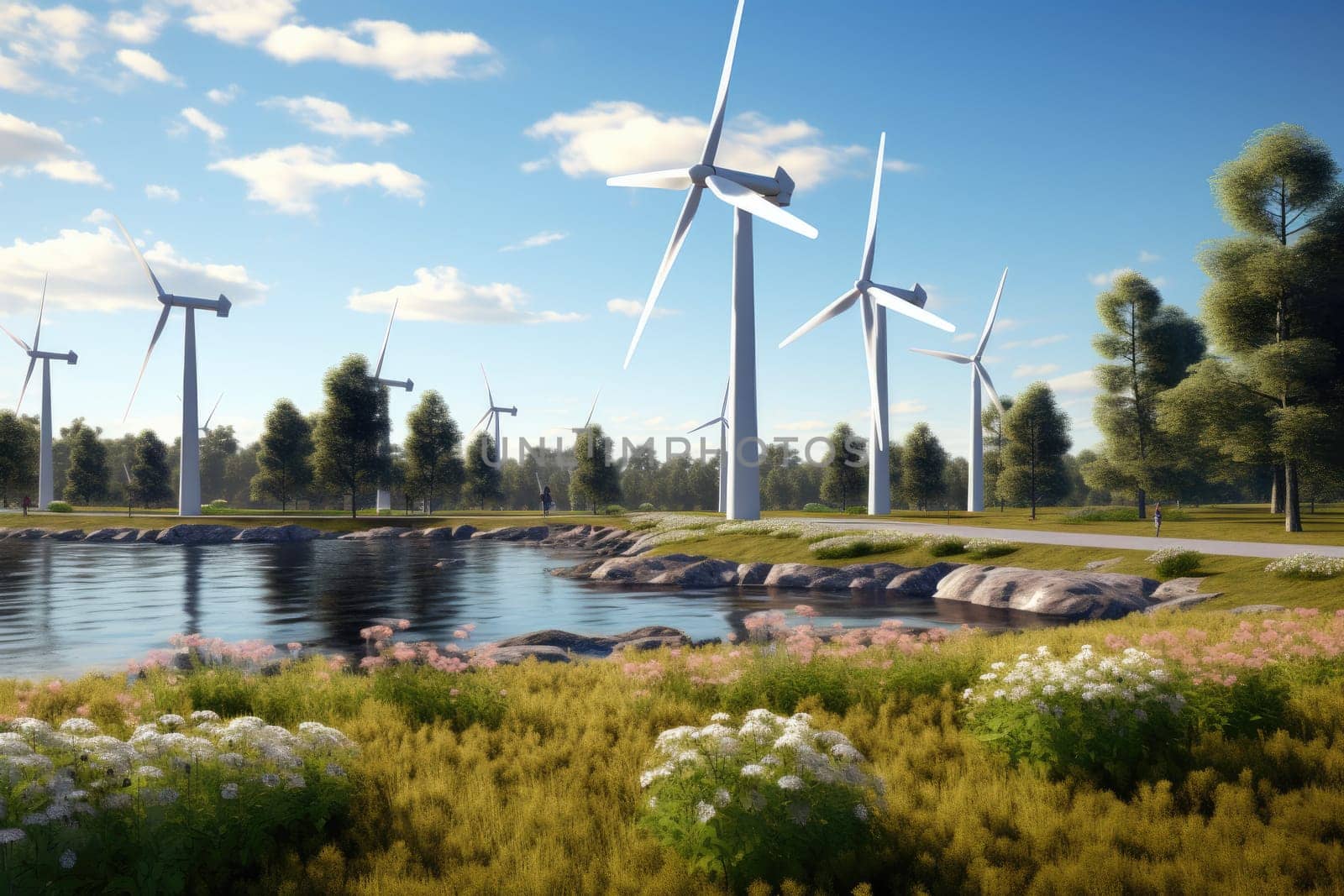 A breathtaking view of multiple wind turbines standing tall in the serene countryside landscape, with lush green fields stretching into the distance under a clear blue sky.