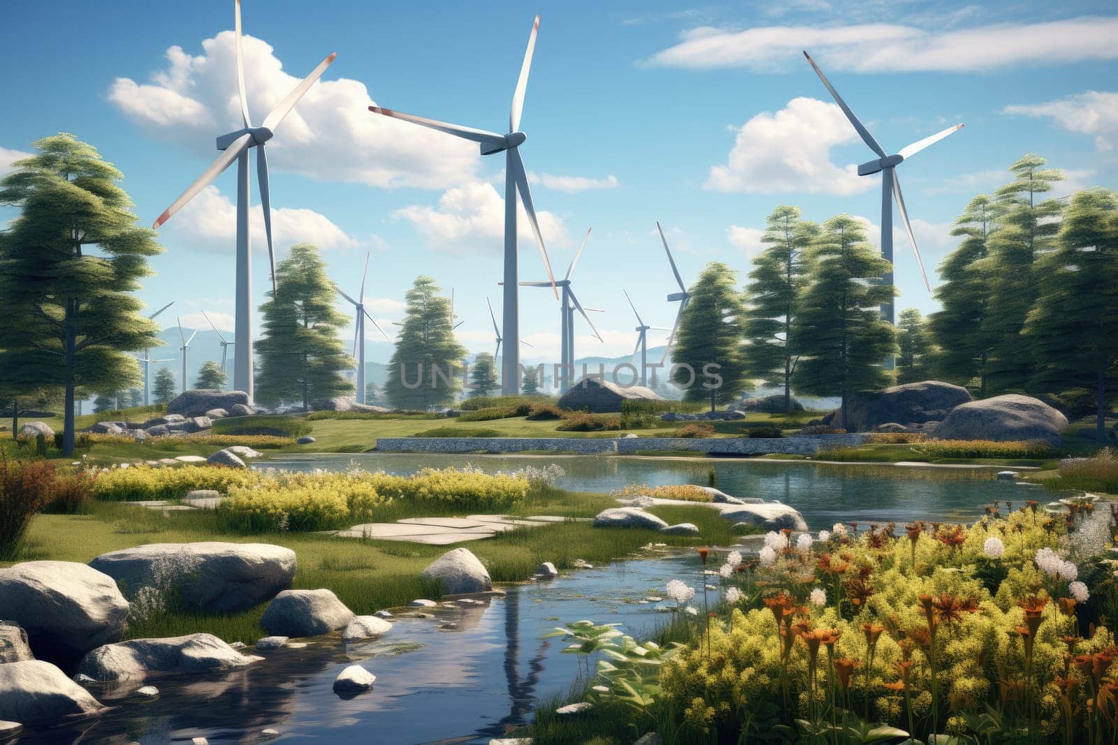 A breathtaking view of a beautiful landscape with several towering wind turbines producing clean and sustainable energy on a sunny day, symbolizing environmental progress and renewable technology.