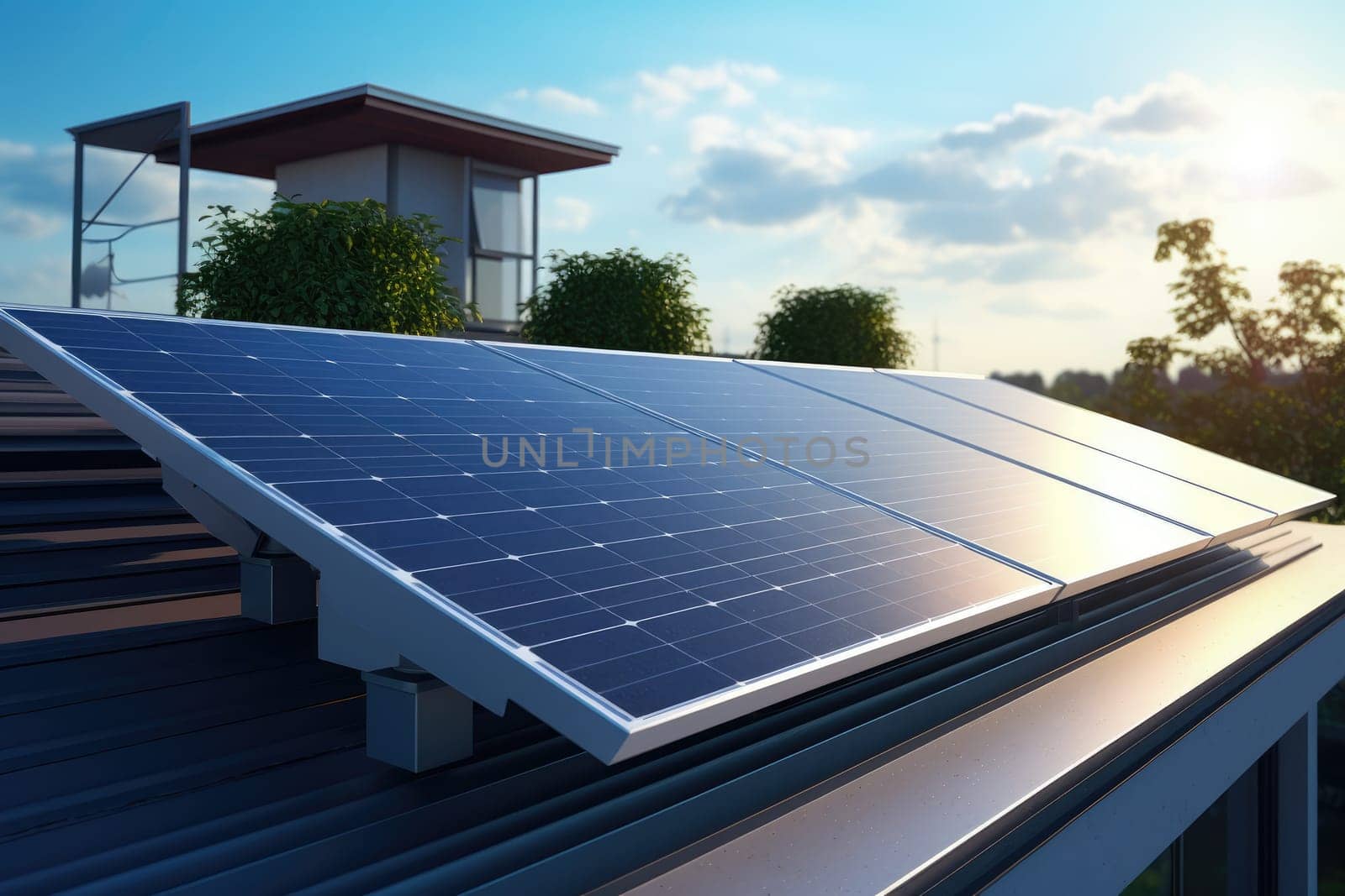 A high-angle view of solar panel installation on the rooftop of a modern building, capturing the utilization of renewable energy for sustainable power generation.