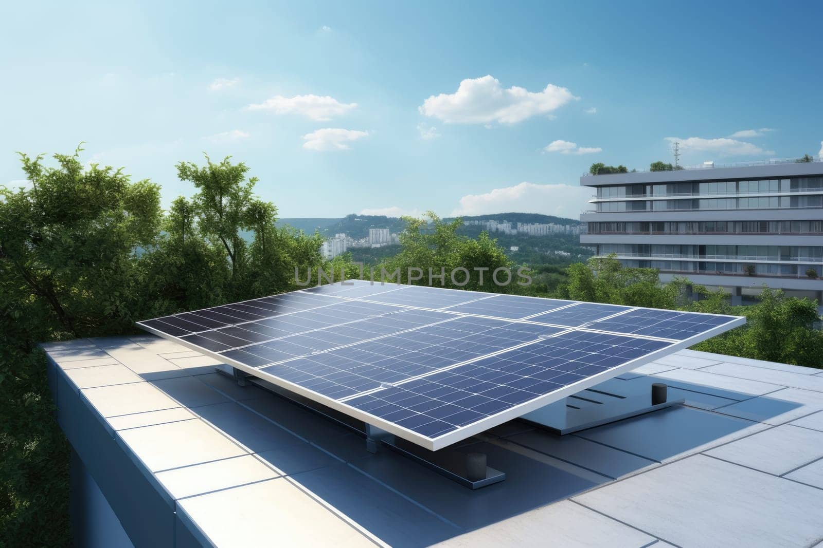 A row of solar panels installed on the rooftop of an urban building, providing a green energy solution for sustainable power generation in the city during a sunny day with clear blue skies.
