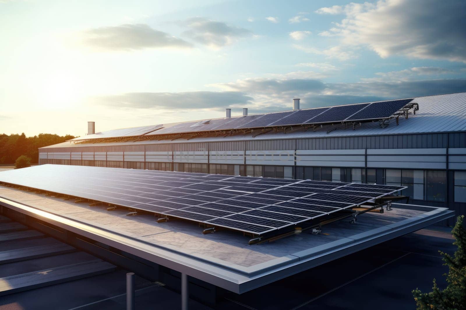A row of solar panels installed on the roof of a large industrial building, harnessing the power of the sun to provide sustainable and eco-friendly energy solutions.