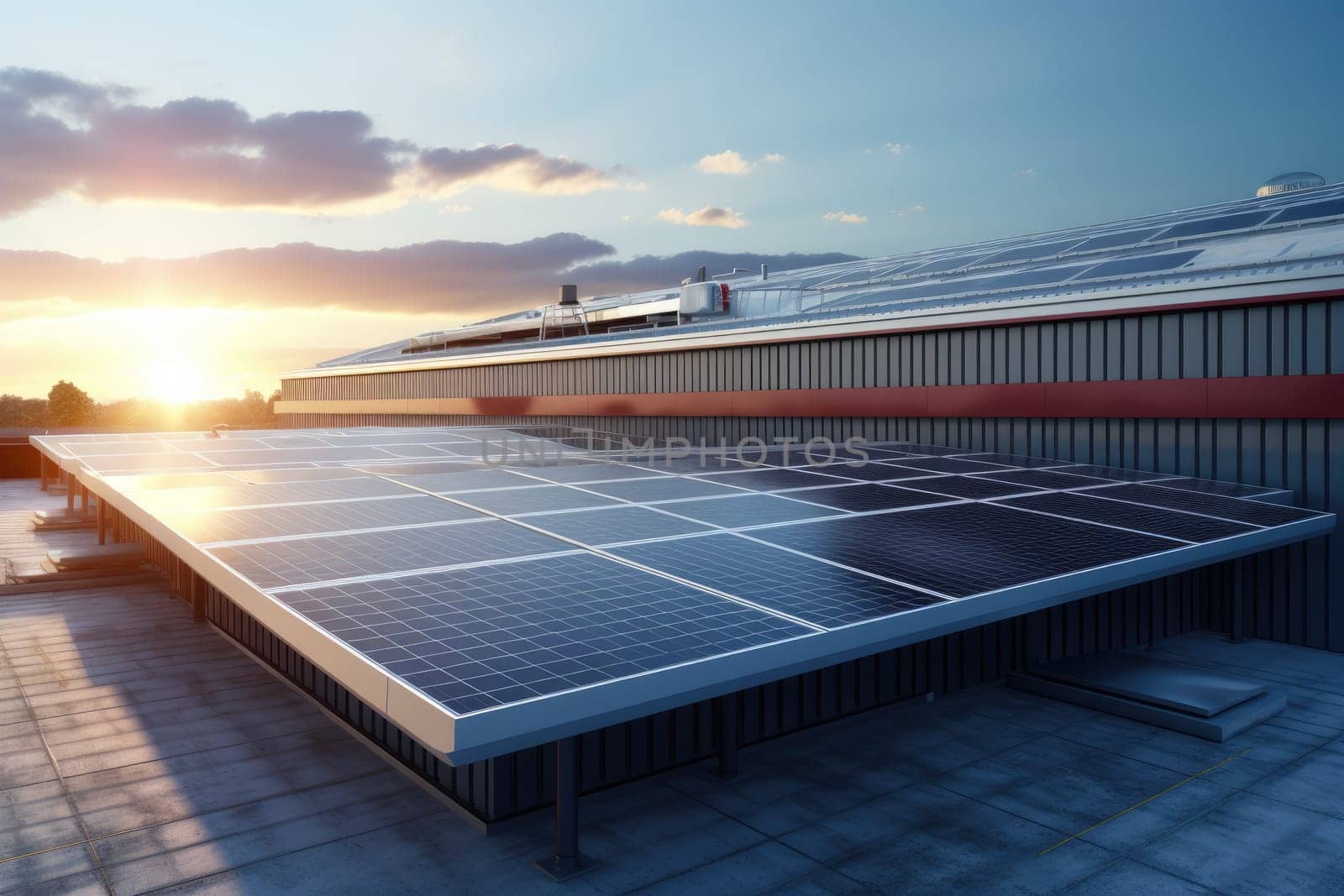 A row of solar panels installed on the roof of an industrial building, harnessing sunlight to generate renewable energy and promoting sustainability and environmental consciousness.