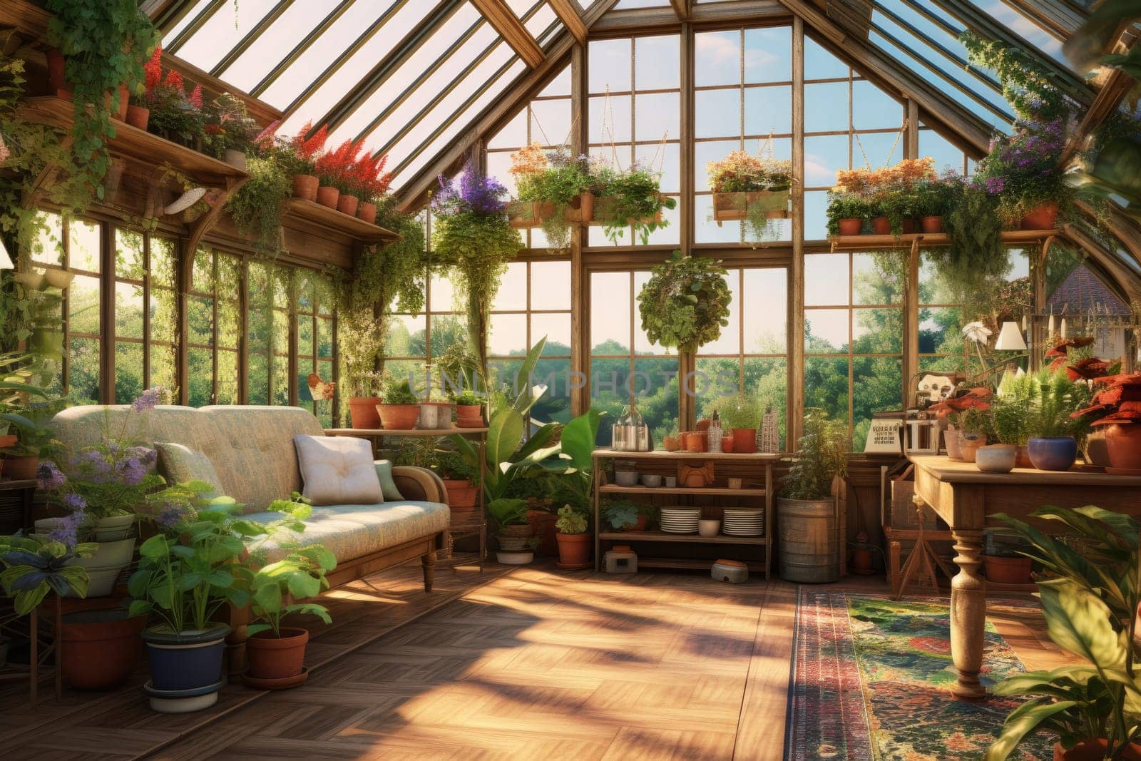 A perfectly maintained greenhouse with rows of diverse plant species flourishing in an environment filled with natural light and ideal growing conditions.