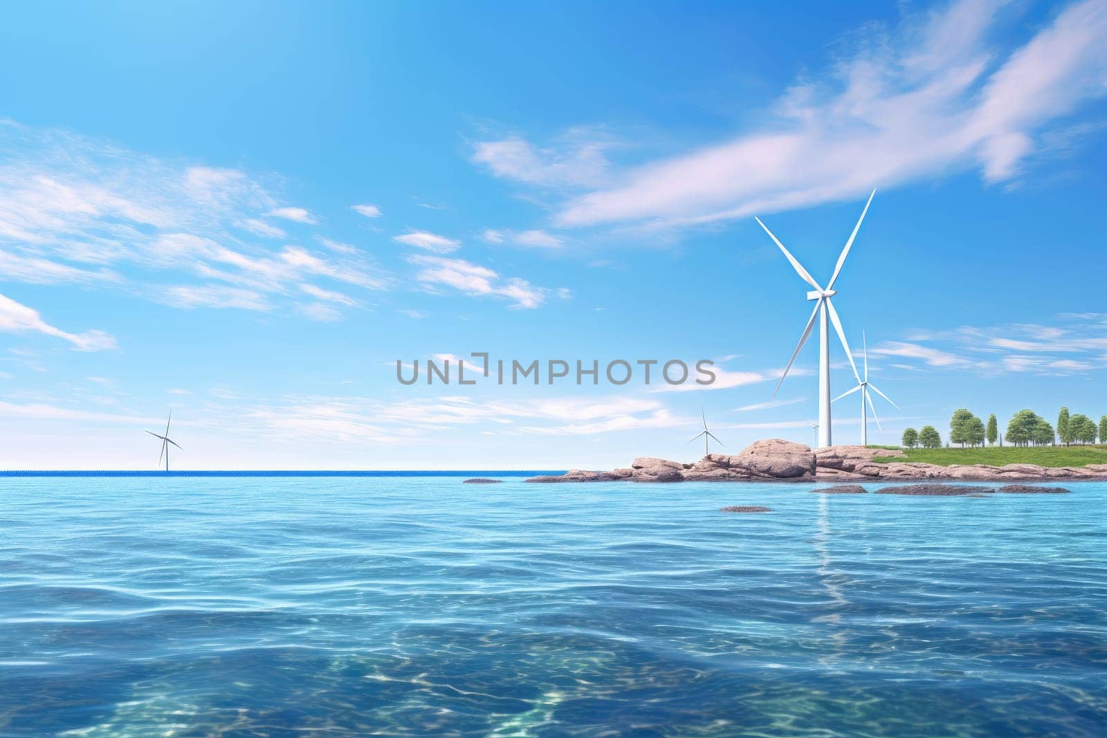 Seascape with Wind Turbine Utilizing Wind Power for Clean Energy by Yurich32