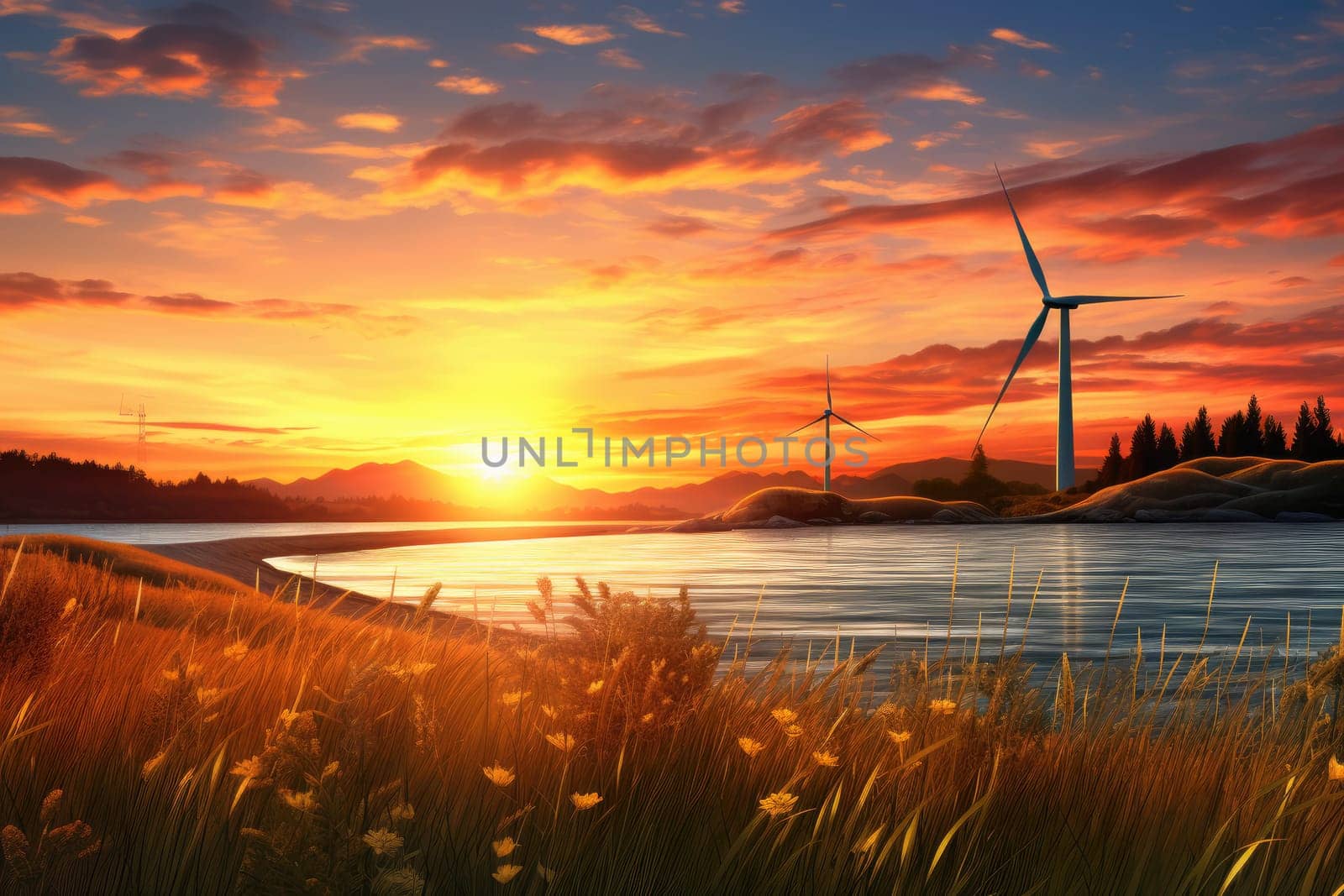 Scenic Sunset View with Wind Turbine Representing the Aesthetic Side of Eco-Friendly Power by Yurich32