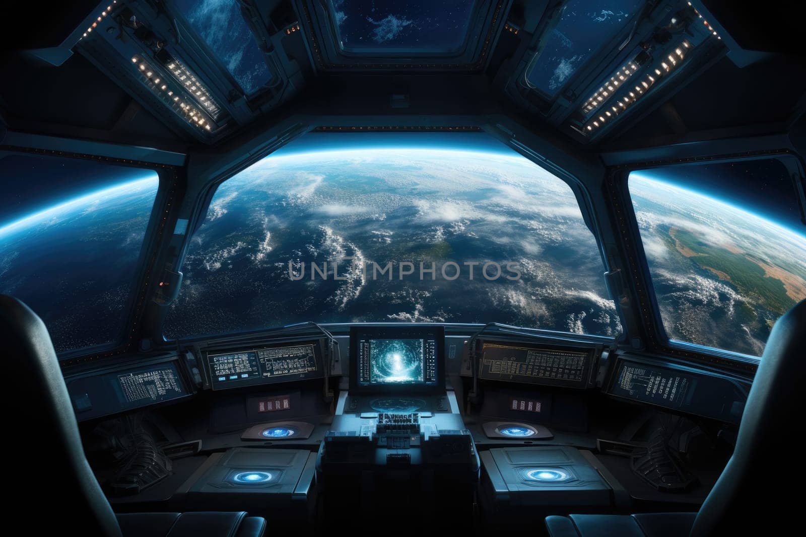 Behold the remarkable sight of our home planet seen through the window of a spaceship, featuring the captivating blend of azure oceans, ethereal clouds, and varied terrains.