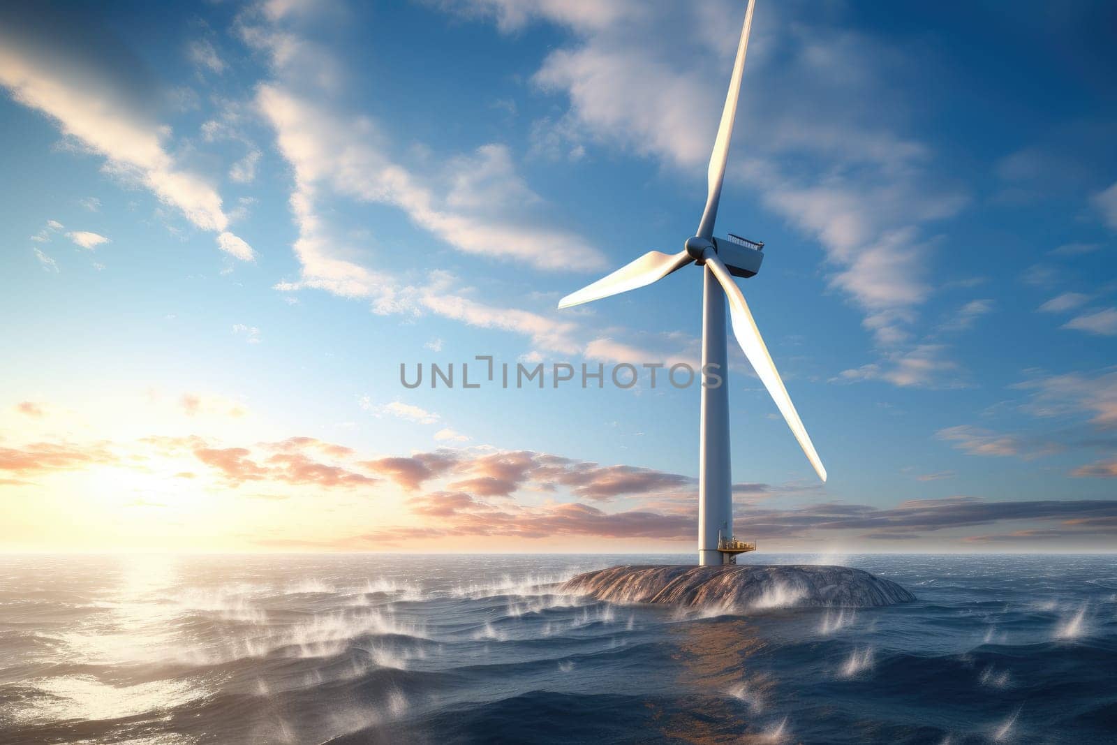 A wind turbine generating renewable energy, in motion among a clear blue sky in a vast field. The turbine's blades spin as it harnesses wind power for sustainable electricity production.